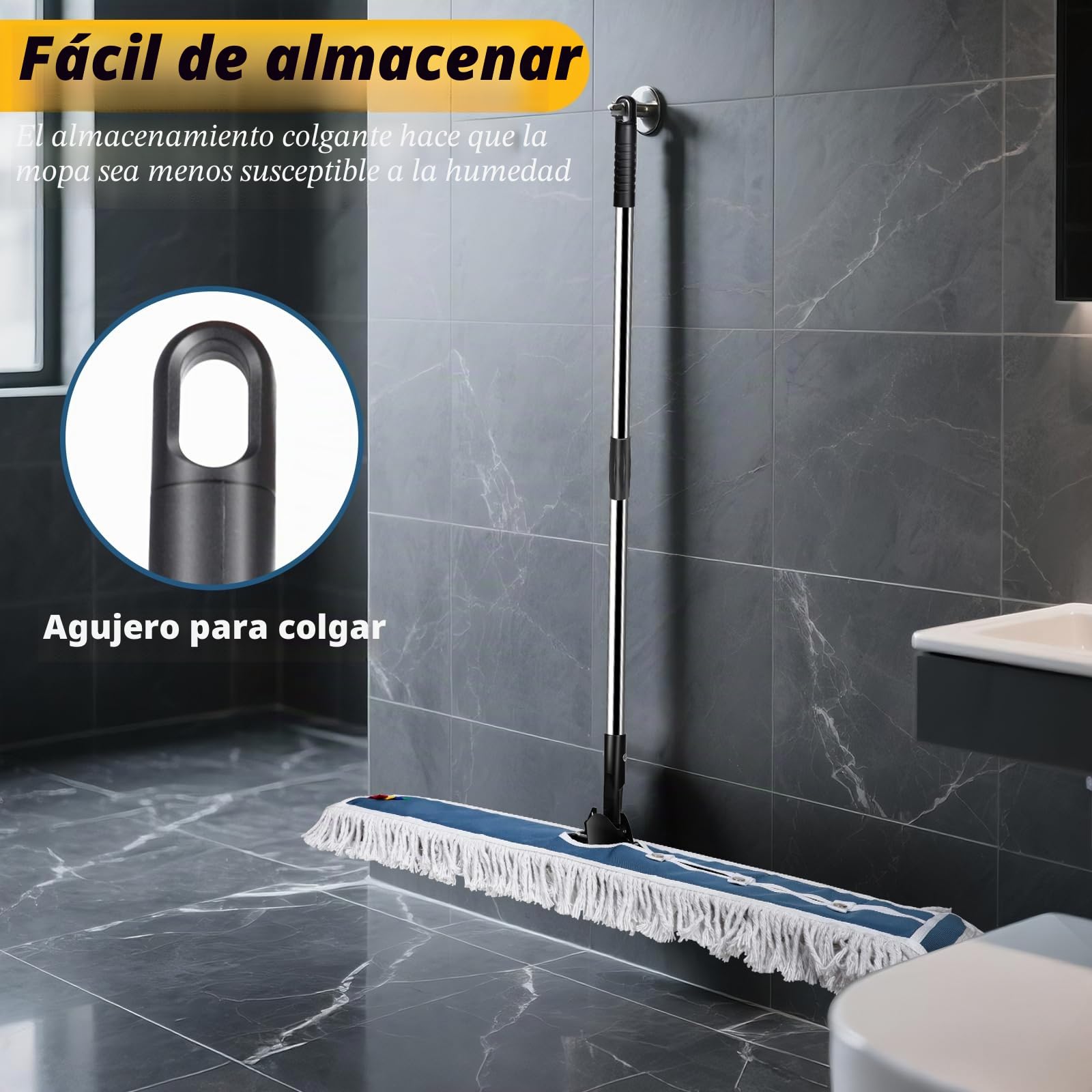 MASTERTOP - Mopa comercial, 107 cm, resistente, mango largo de 132 cm, industrial, grande, madera dura, azulejos, laminado, garaje, escuela, centro comercial, 1 almohadilla de algodón, 1 de microfibra