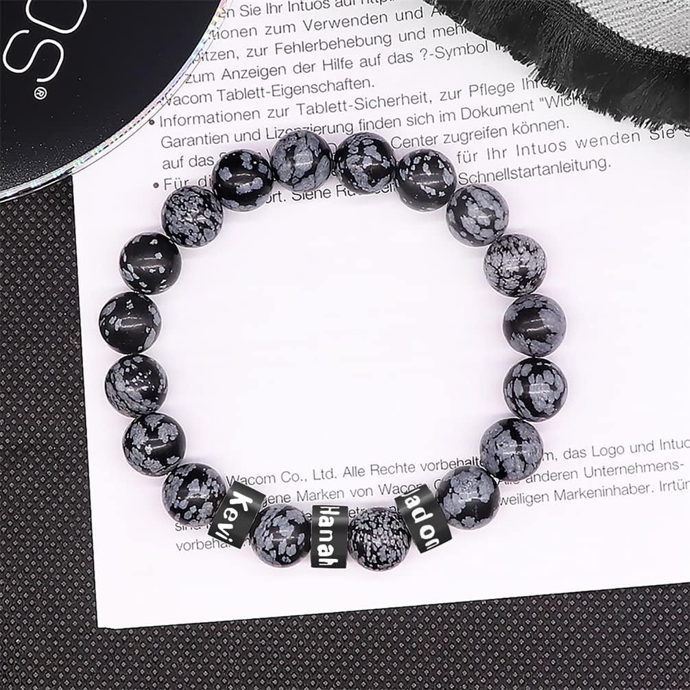 Personalized Stone Beads Bracelets for Men with Name Engraved Lava Beads Bracelet Tiger Eye Beads Custom Family Name Bracelet for Fathers Day