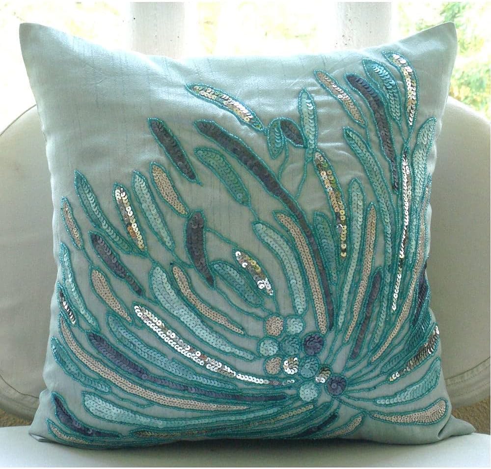 The HomeCentric Custom Cushion Cover, Decorative Blue Accent Throw Pillows 16x16 inch (40x40 cm) Silk Throw Pillows for Couch, Abstract, Waves, Sequin Embellished, Beach Cushion - Water Burst