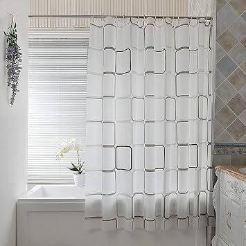 BOYOUTH PEVA Shower Curtain for Bathroom Decor,Black and White Square Pattern Waterproof Bath Curtains with Hooks,59 Inches by 78 Inches