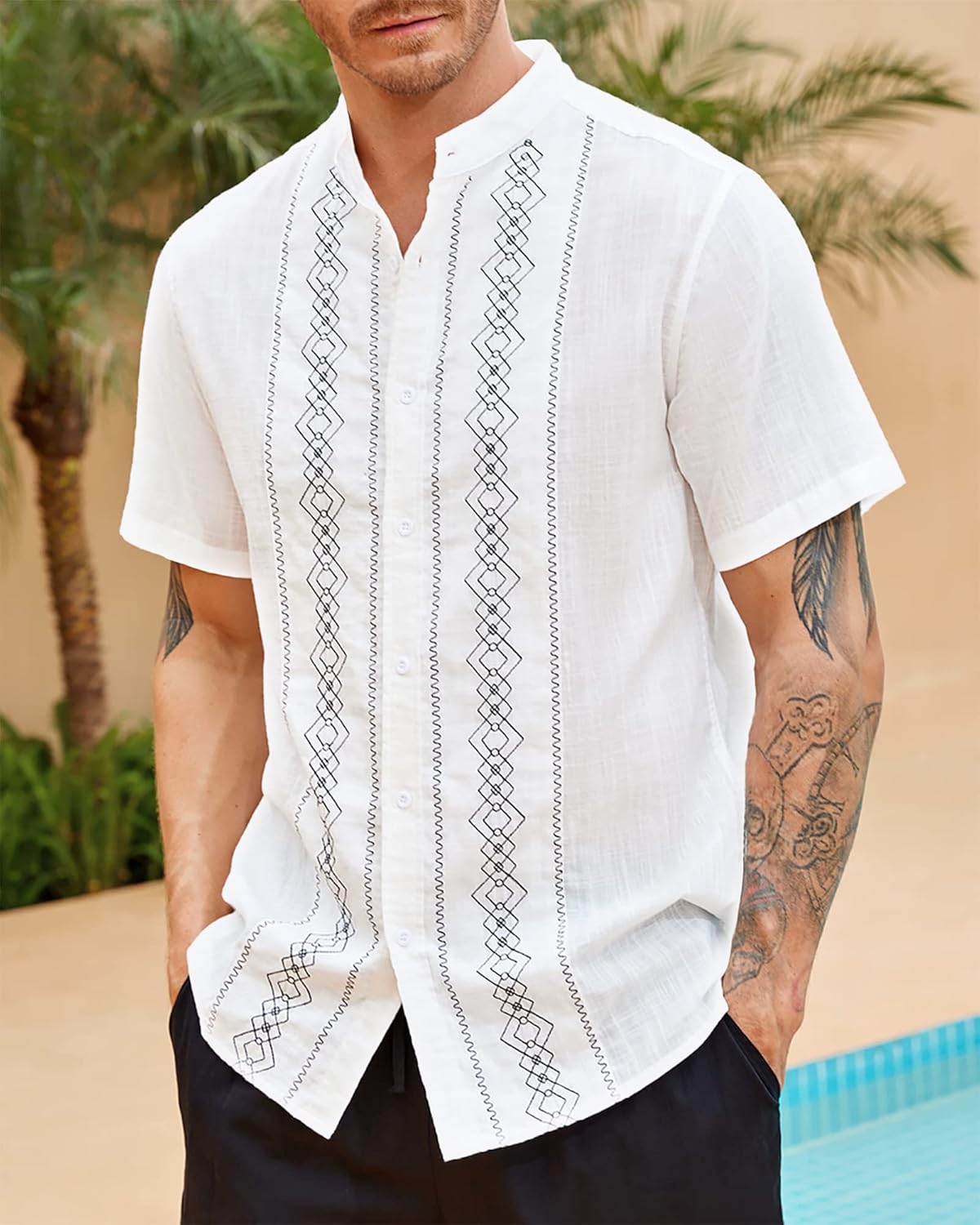 Vista 3 de Camisas de guayabera cubana para hombre, manga corta, casual, con botones, cuello de banda, camisa mexicana para campamento de playa