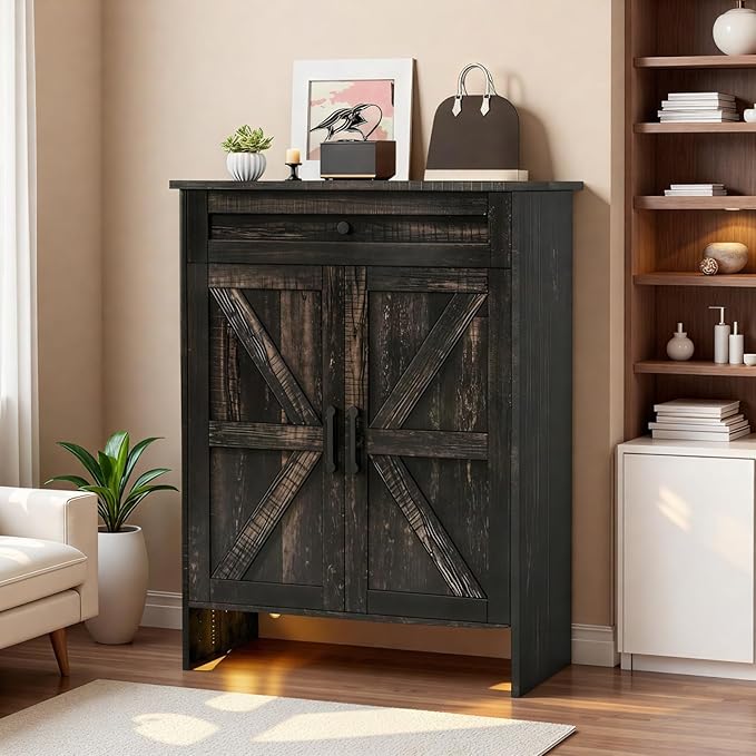 DWVO 6-Tier Shoe Cabinet with Doors & Drawer – Adjustable Shelves, Built-in Induction Strip for Hallway, Living Room(Rustic Oak)