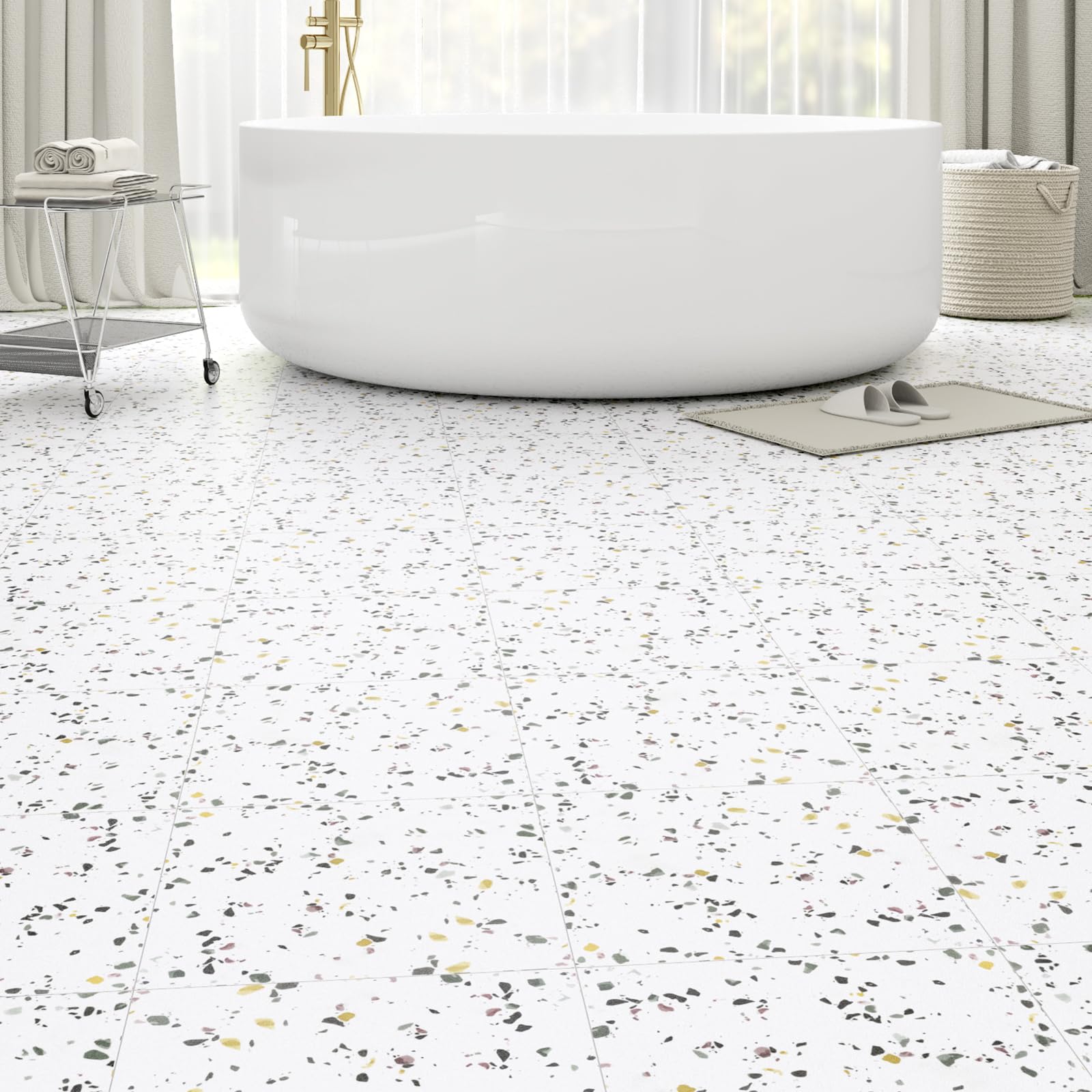 Photo 1 of 40-Pack 40 Sq.Ft Peel and Stick Floor Tiles Vinyl Matte Pattern Flooring, 12” x 12” Self Adhesive Vinyl Flooring DIY for Kitchen, Bathroom, Laundry, White Terrazzo Marble