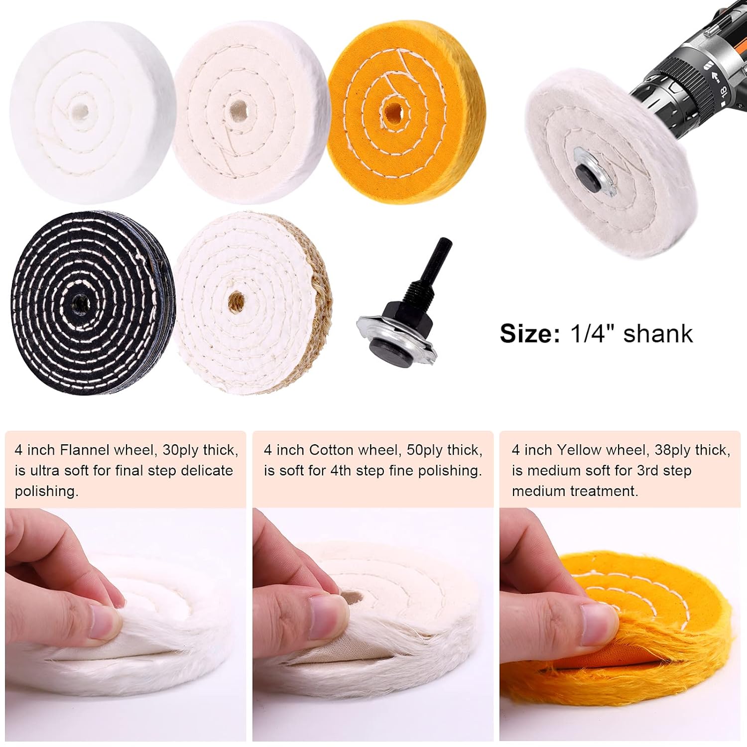 Tanstic 9Pcs 4'' Buffing Polishing Wheels Set Soft(30Ply)/ Fine(50Ply)/ Medium(38Ply)/ Coarse 1/2" Thick with 1/2" Arbor Hole with 1/4" Shank and 3Pcs Polishing Compounds for Bench Grinder or Drill