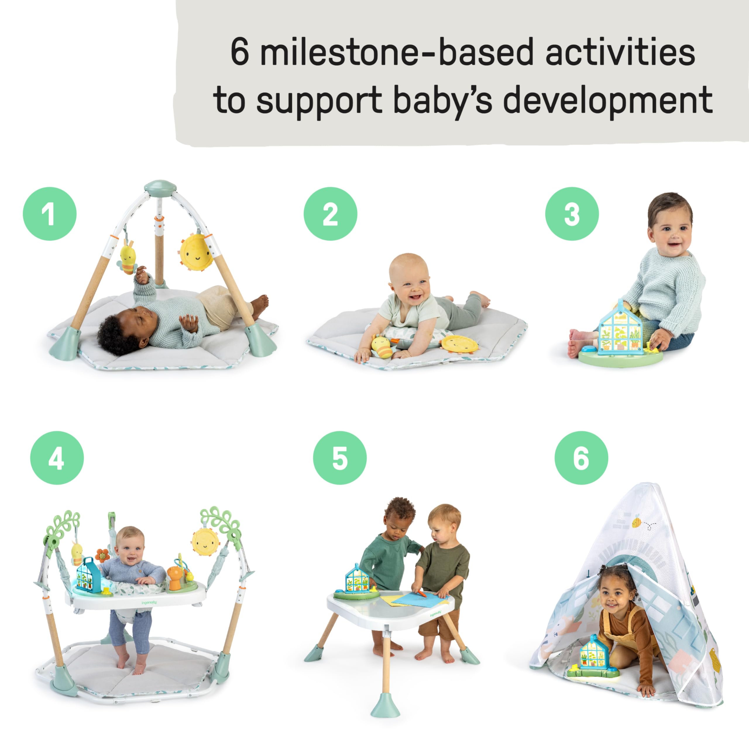 Ingenuity Tummy-to-Toes 6-in-1 Milestone Center, Play Gym, Foldable Mat, Music and Nature Sounds, Lights, Activity Jumper, Table, Playhouse, for Ages 0-48 Months