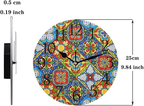 Miniatura 2 de Reloj de pared con azulejos de cerámica mexicana, silencioso, sin tictac, mandala de flores, reloj de pared redondo, funciona con pilas, decoración