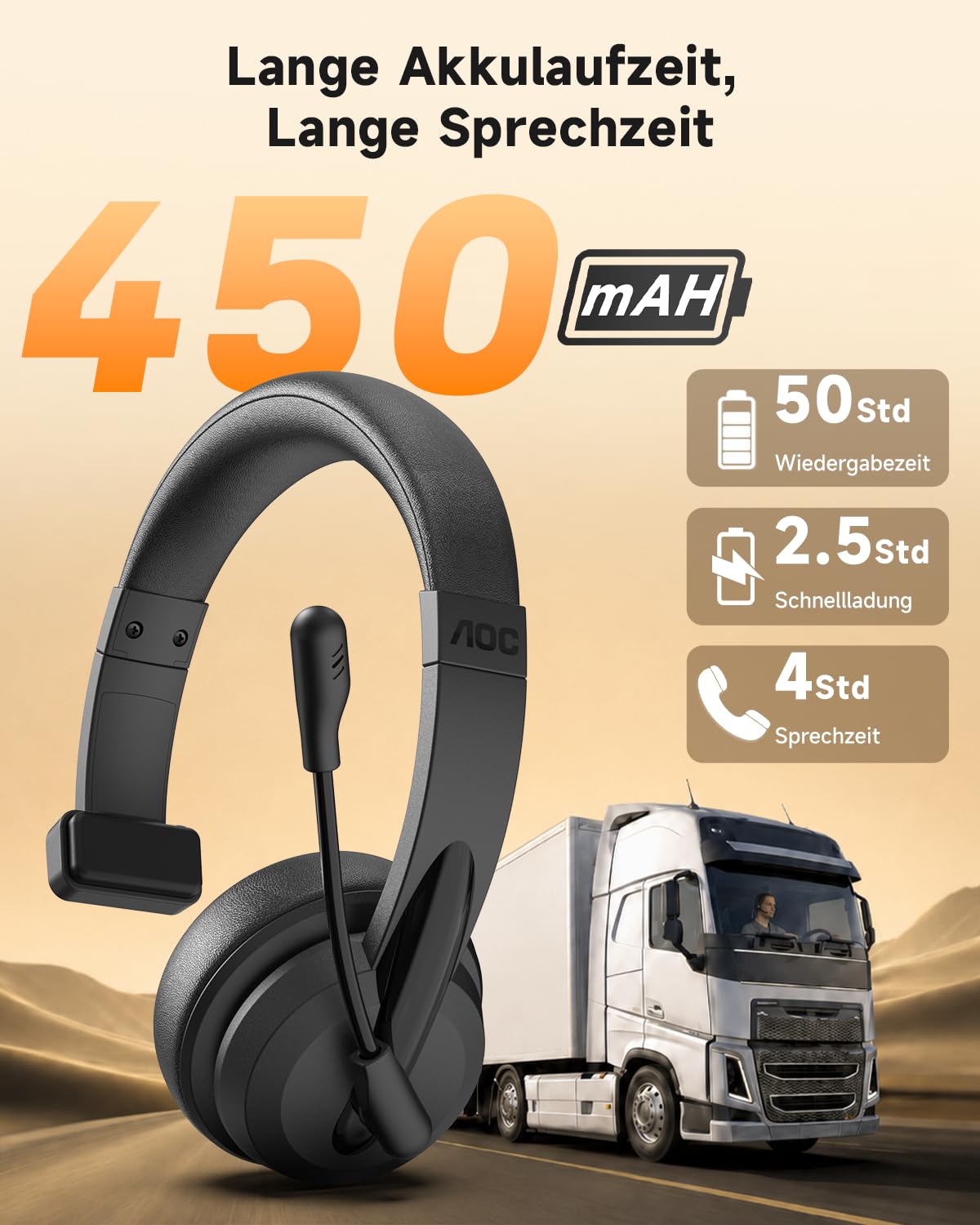 AOC 3-in-1 Bluetooth Headset mit Mikrofon Mono Headset Kabellos 2.4G Dongle | Bluetooth Headset mit AI ENC Geräuschunterdrückung, 45H Akku PC Headset für LKW-Fahrer, Home-Office, Call Center