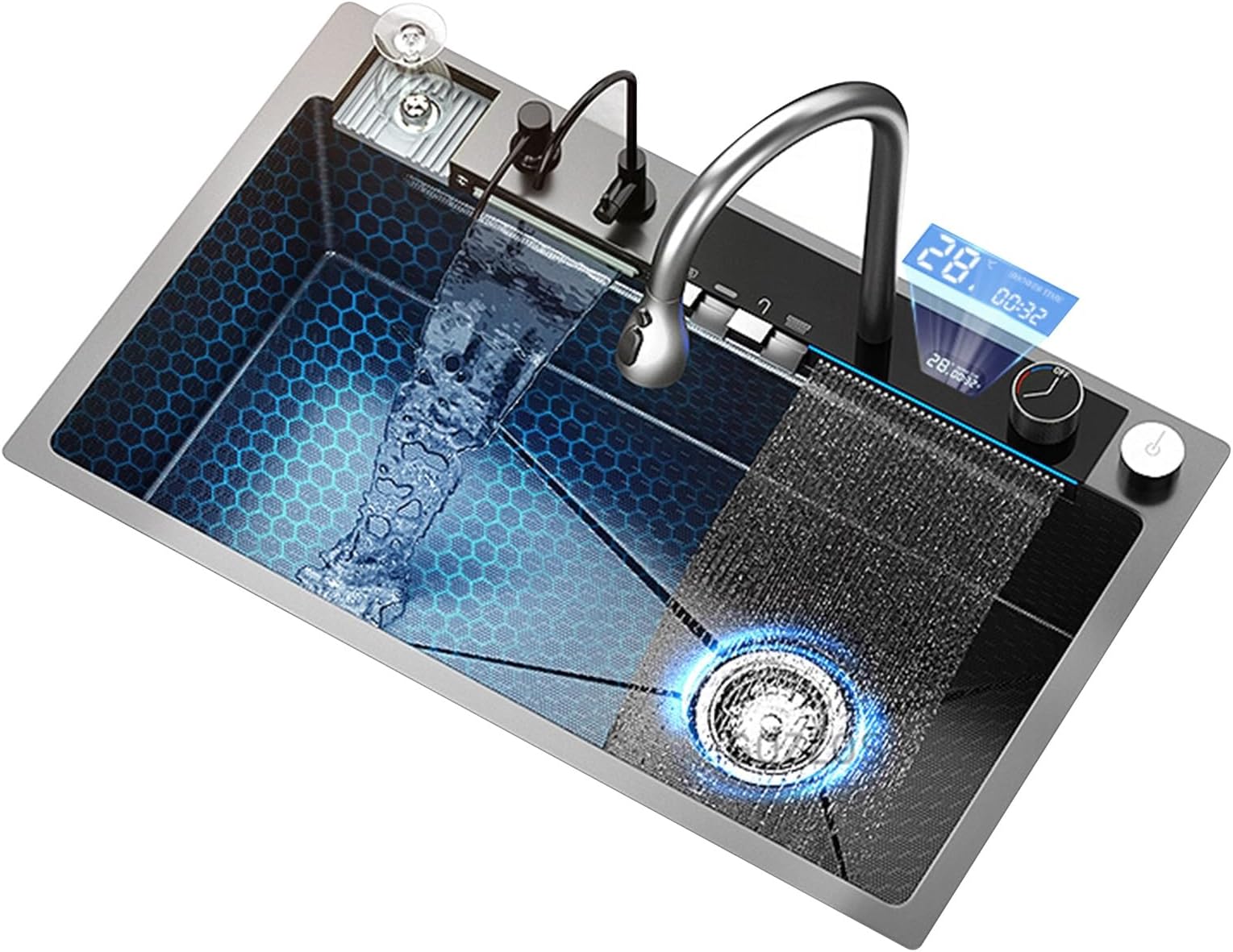 Kitchen Sink Double Waterfall Water Sink Honeycomb Nano Digital Display 304 Stainless Steel Large Single Washbasin