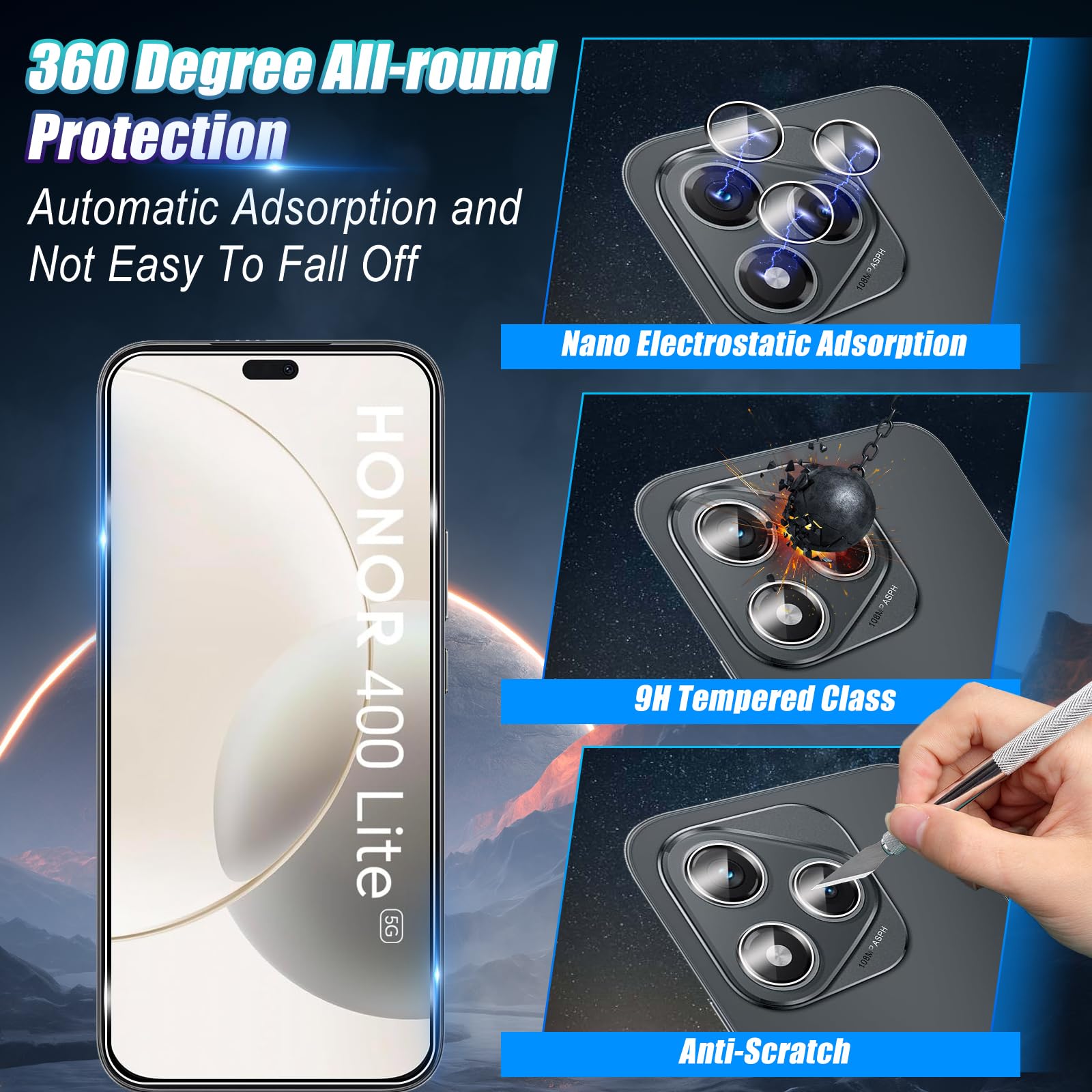 Protection écran Verre Trempé Pour Honor 400 Lite 5G – Lot 2 Verres + 2 Protections Caméra – Dureté 9H, Revêtement Oléophobe