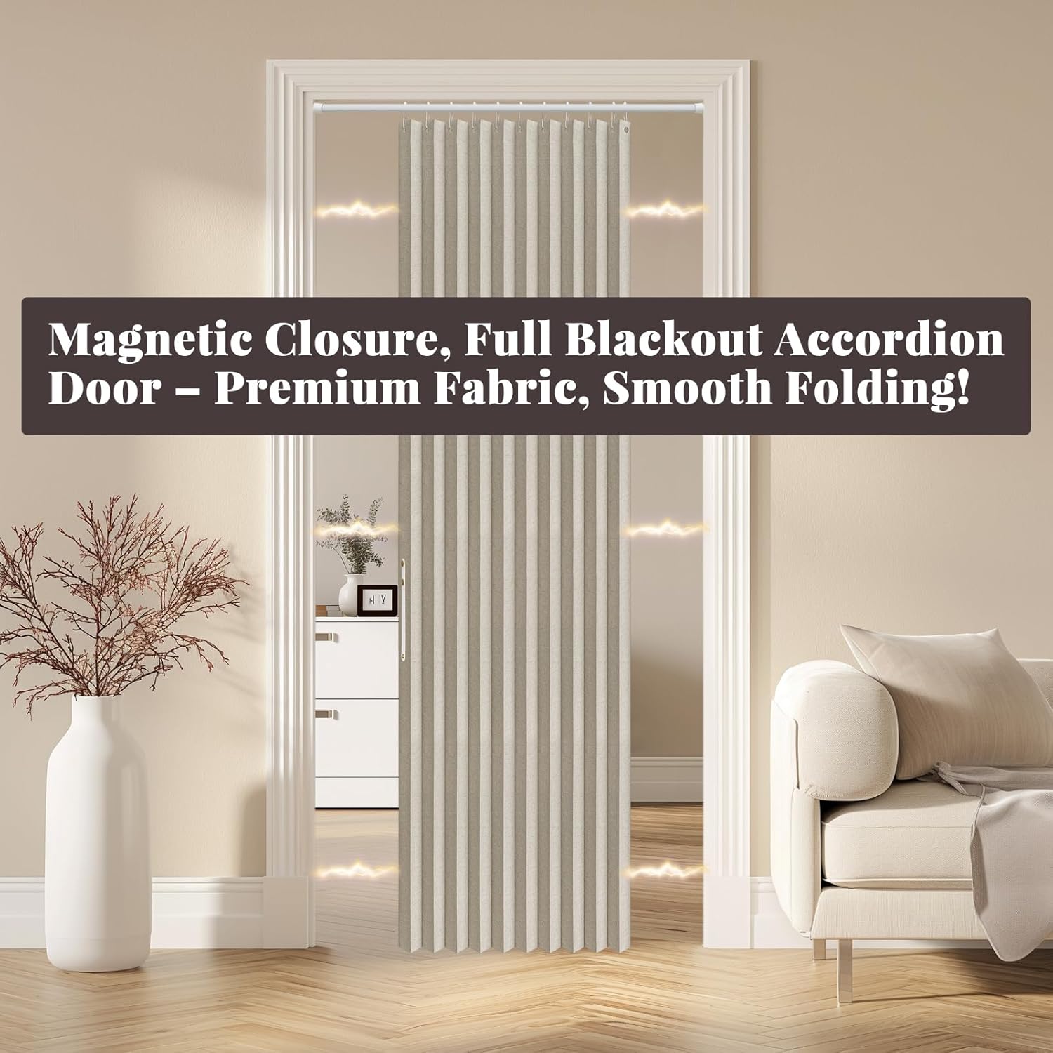AJAZZ 100% Blackout Magnetic Door Curtain Accordion Doors Interior Folding Closet Door Curtain Invisible Applicable Bedroom Room Living Room Doorway (Cream White 42" W x 78" L) 1 Panel