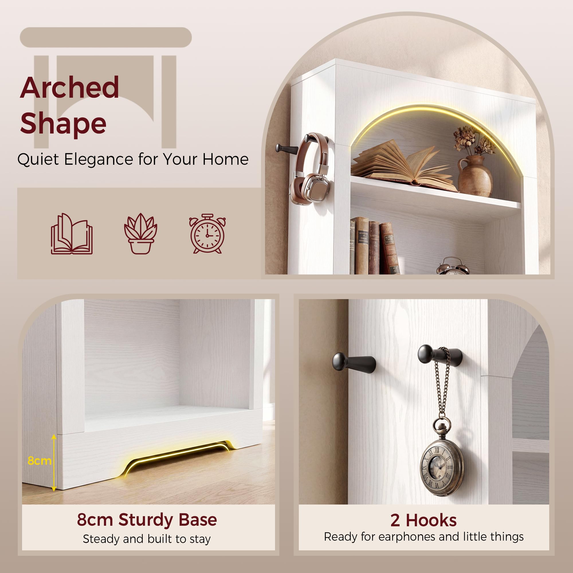 IRONCK Bücherregal 195 cm Extra Hoch, 6 Ebenen Standregal mit Rundbogen, Bücherwand mit 2 Haken, Offenes Aufbewahrungsregal & Display-Regal für Büro, Wohnzimmer & Arbeitszimmer