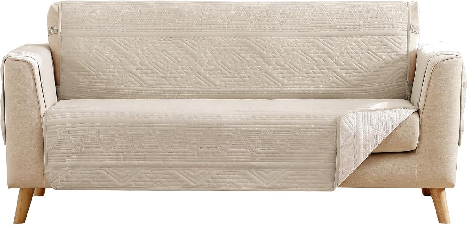 Boho Beige Loveseat Covers for 2 Cushion Couch, Water-Repellent Aztec Covers for Love Seat, Washable Quilted Couch Covers, Pet Friendly Loveseat Slipcovers (Loveseat 48", Beige)