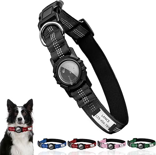 Collar de perro personalizado Airtag con soporte para Airtag, collar de perro Airtag personalizado con nombre y número de teléfono grabados, tela