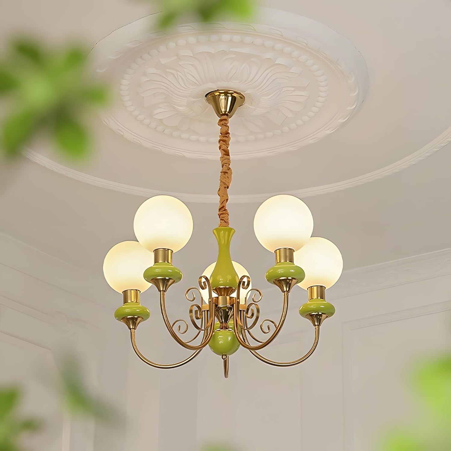 Bofea-5-Light Vintage Green Chandelier Modern Bubble Chandelier Brushed Gold Hanging Lights with Frosted Glass Shade Adjustable Living Room Light Fixture Art Decor Chandeliers Light for Dining Room
