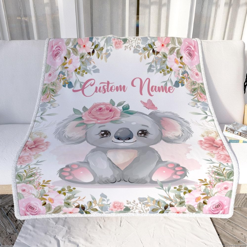 CenturyTee Personalized Baby Blanket with Name Baby Girls Koala for Newborns Nursery Daughter Granddaughter Niece Birthday Christmas Customized Fleece Blanket (30 x 40 Inches - Baby Size), Multicolor