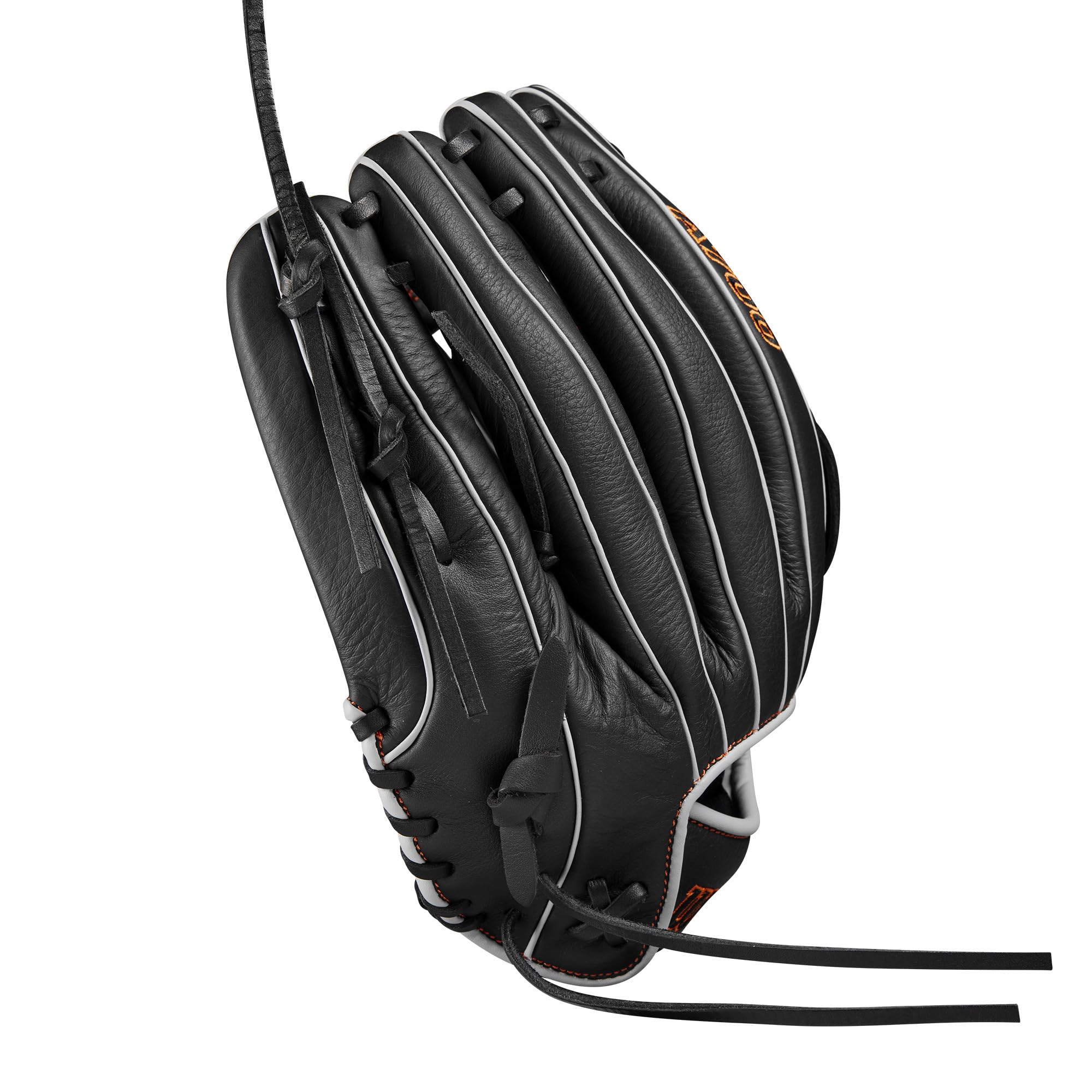 Wilson 2024 A700 - Guanto da baseball Outfield, 31,8 cm, colore: Nero/Argento/Arancione, mano sinistra