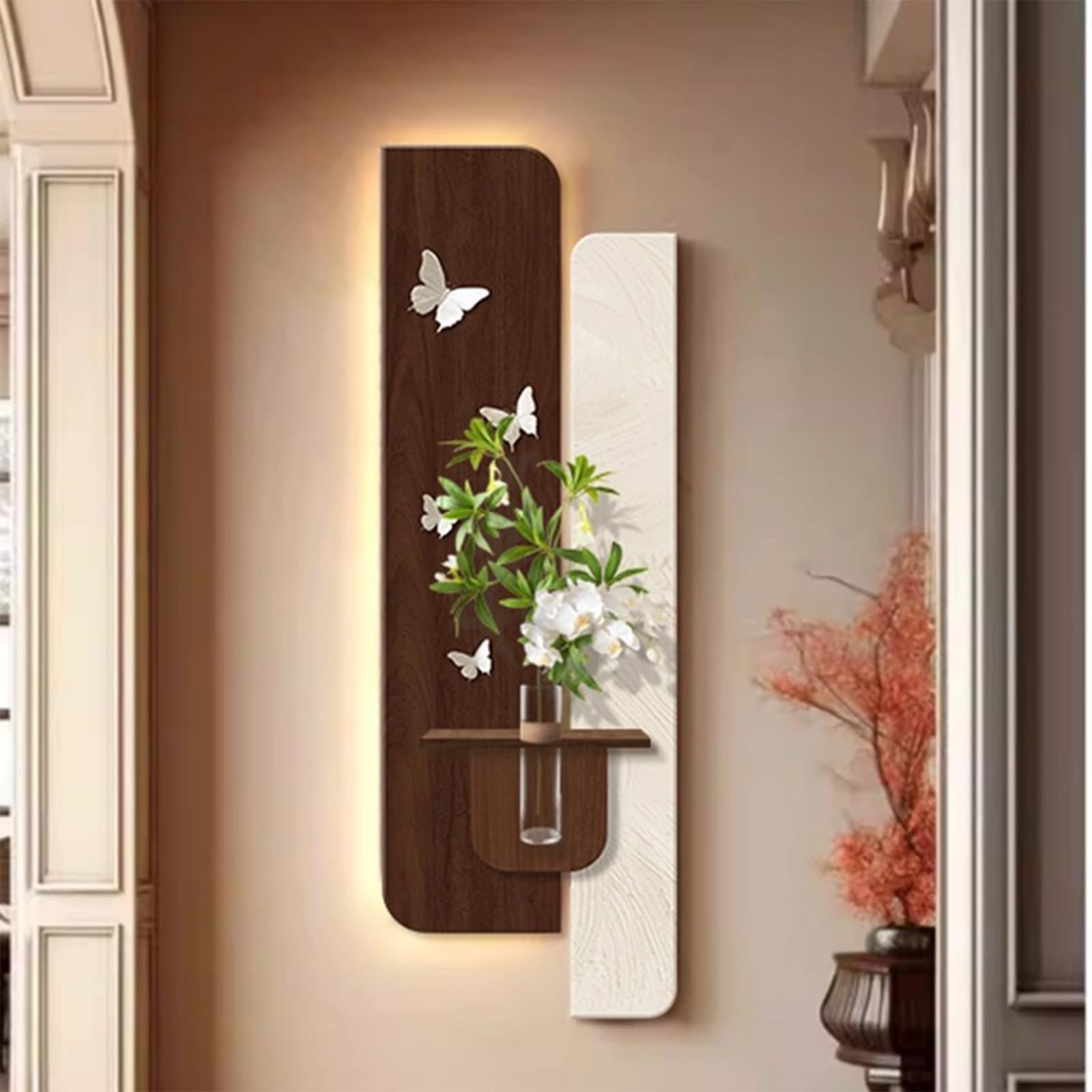 SYXHJTFZ Modern 3D Sandstone Textured Wall Art with LED Lights, Borderless Featuring Artificial Plants Vase for Entryway Hallway Home Decor(B,50 * 150cm/19.7 * 59.1in)