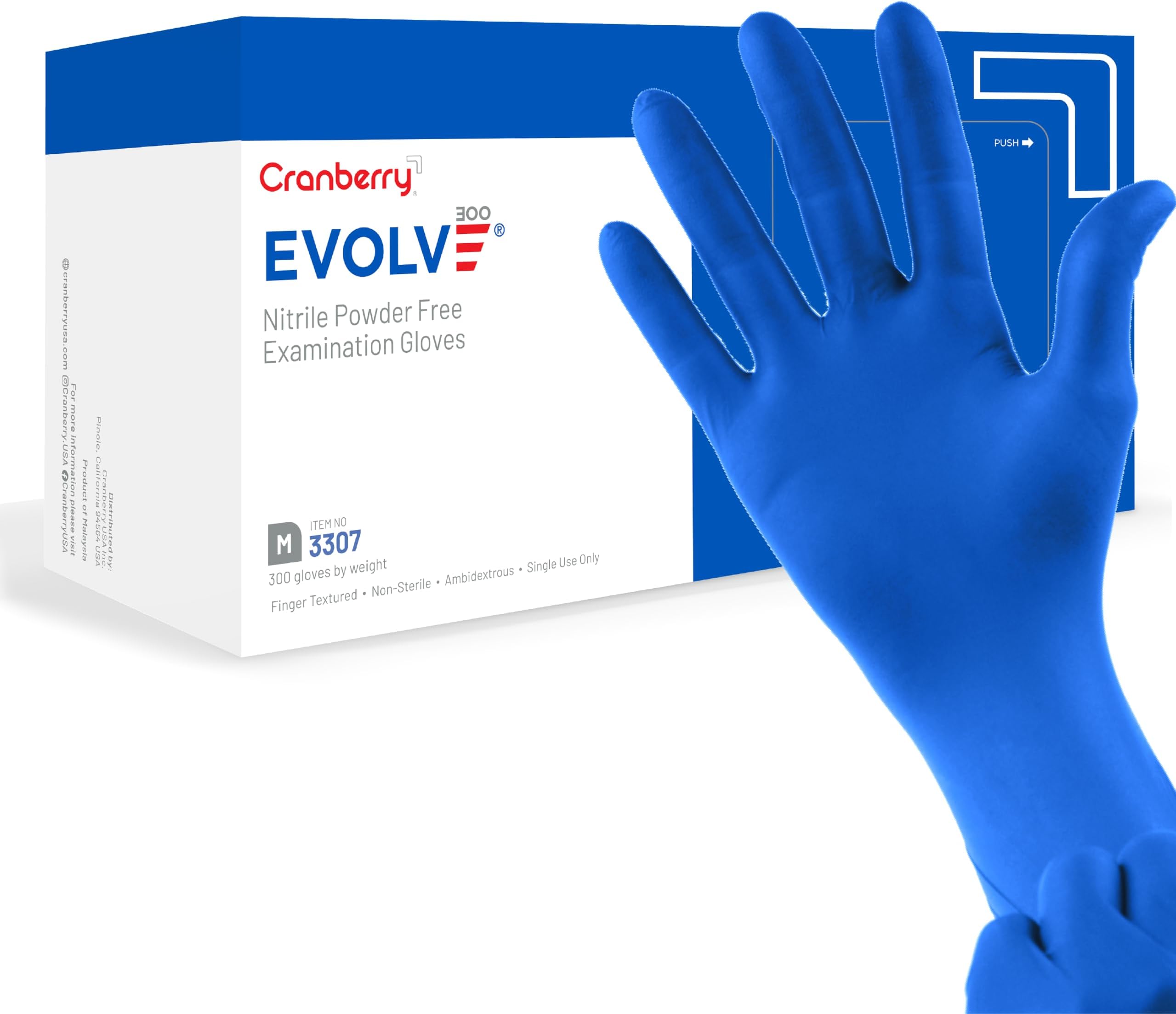 Cranberry USA Evolve Nitrile Powder Free Exam Gloves, 2.0 mil, Small, 300 Count, blue