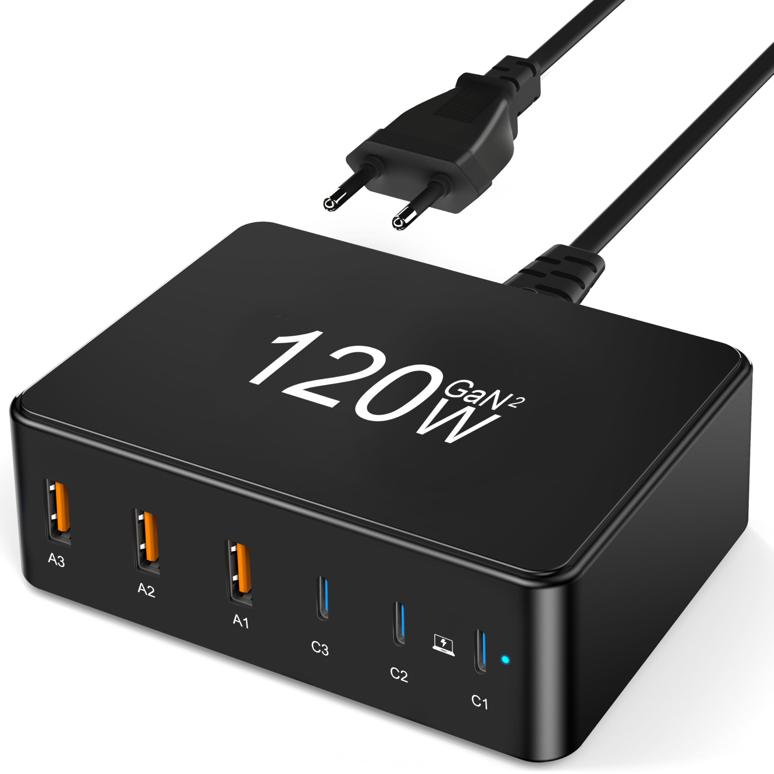 120W Caricatore USB C, CKFN 6 porte Caricatore USB Multiplo con 3 USB C e 3 USB A GaN Stazione di Ricarica veloce per MacBook Pro, Caricabatterie USB per i Phone i Pad Pro Samsung, Nero