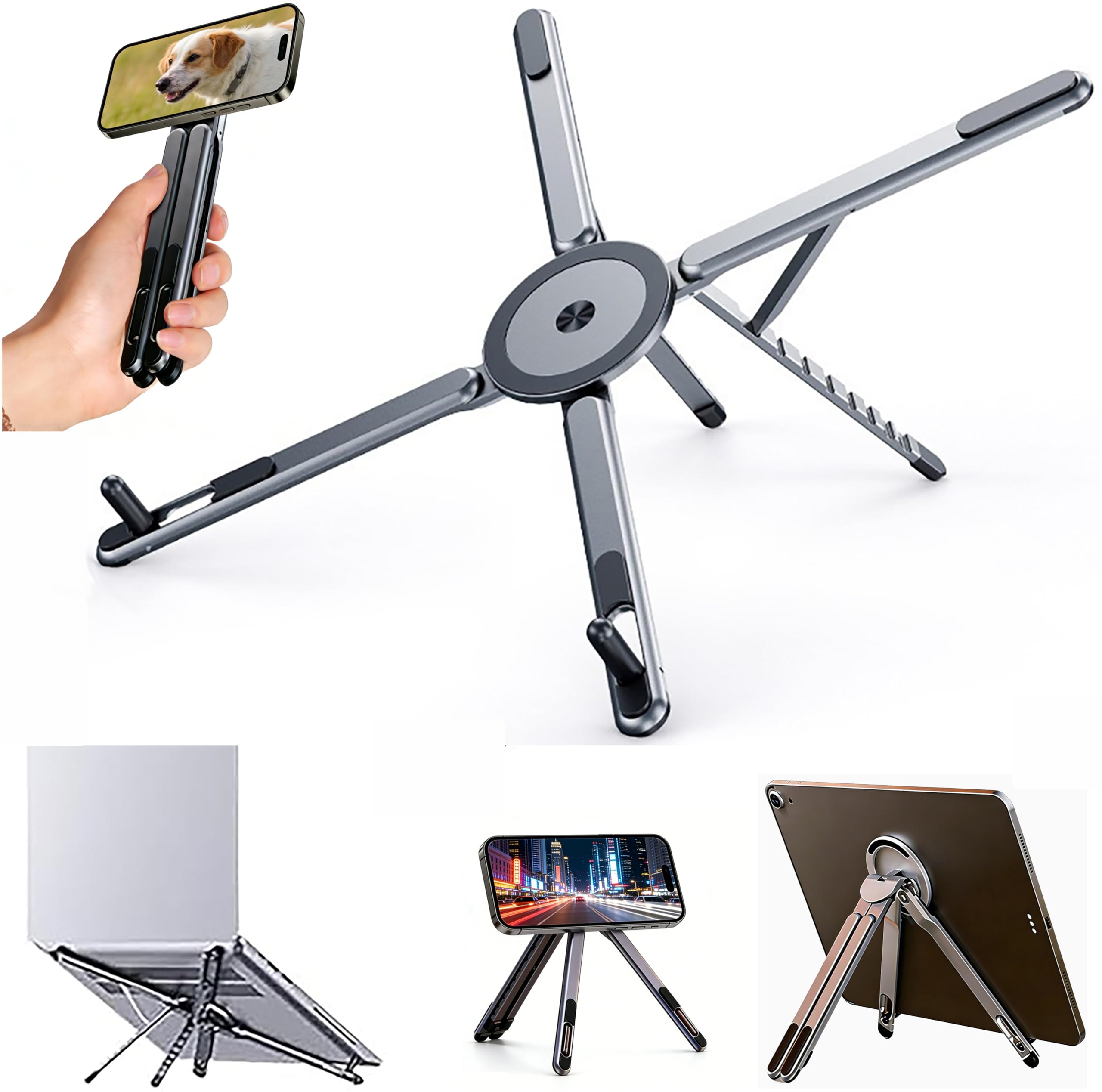LEQUANTONG Adjustable Foldable Aluminum PC Tablet Phone Stand, 8 Height Levels, Fast Heat Dissipation, Compatible with MacBook Air, iPad, Surface, Galaxy, Fits 4-17 Inch Devices