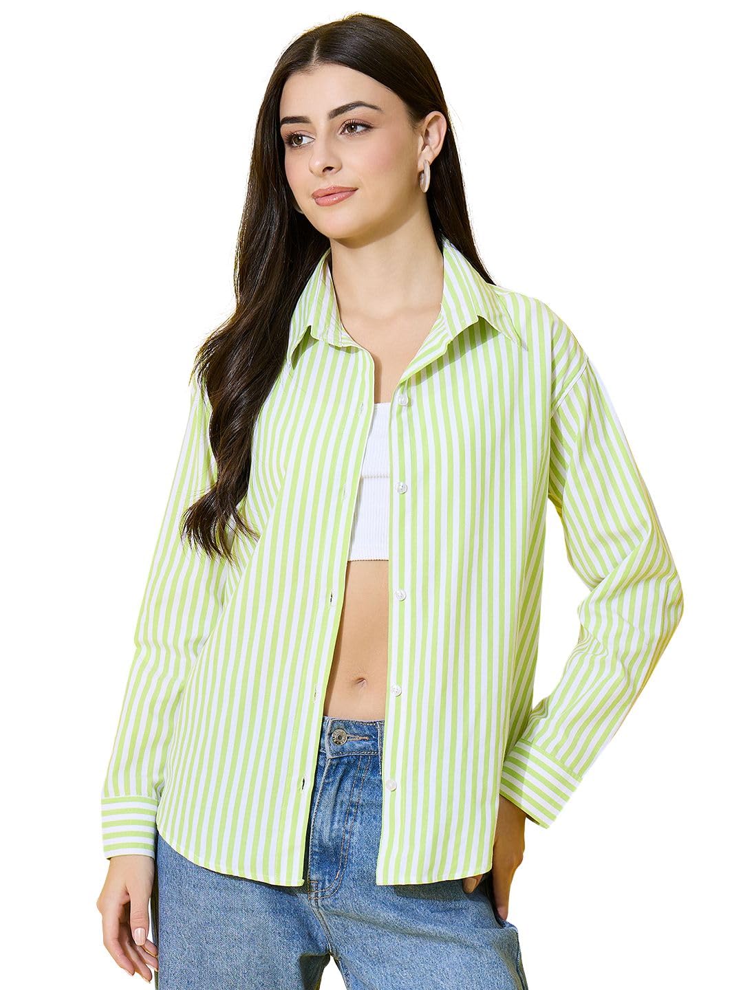 Longline Oversized Women’s Striped Cotton Sleeve Button-Down Shirt-picture-46