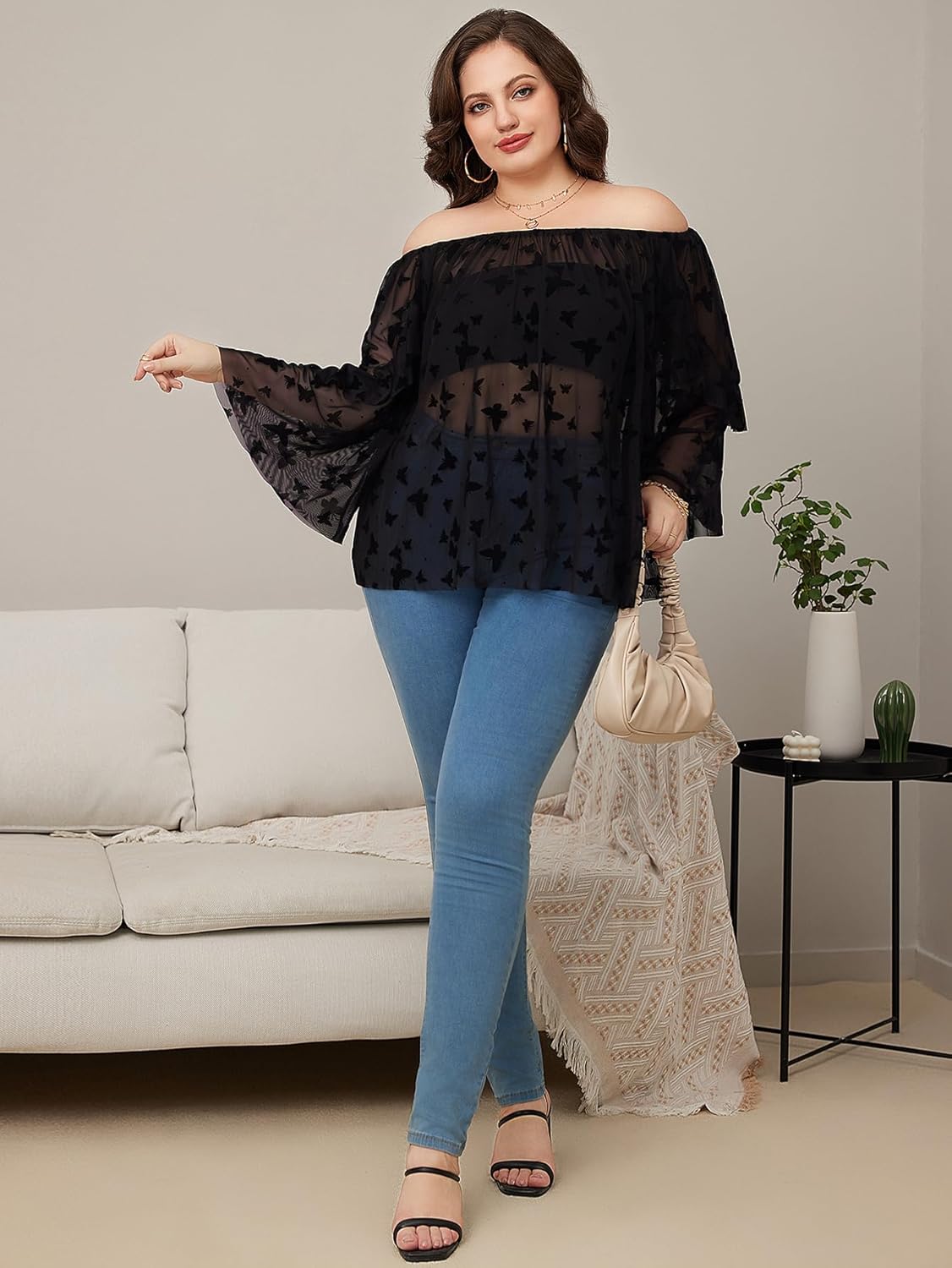 WDIRARA Women's Plus Size Butterfly Print Mesh Off Shoulder Long Sleeve Sheer Sexy Blouse Top - Image 7