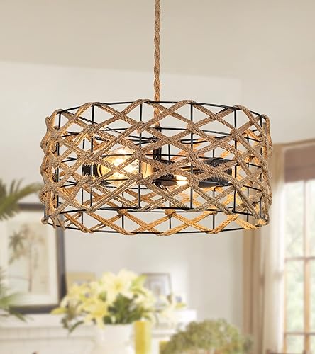 AMZASA Boho Pendant Light Rustic Hand-Woven Hemp Rope Drum Cage