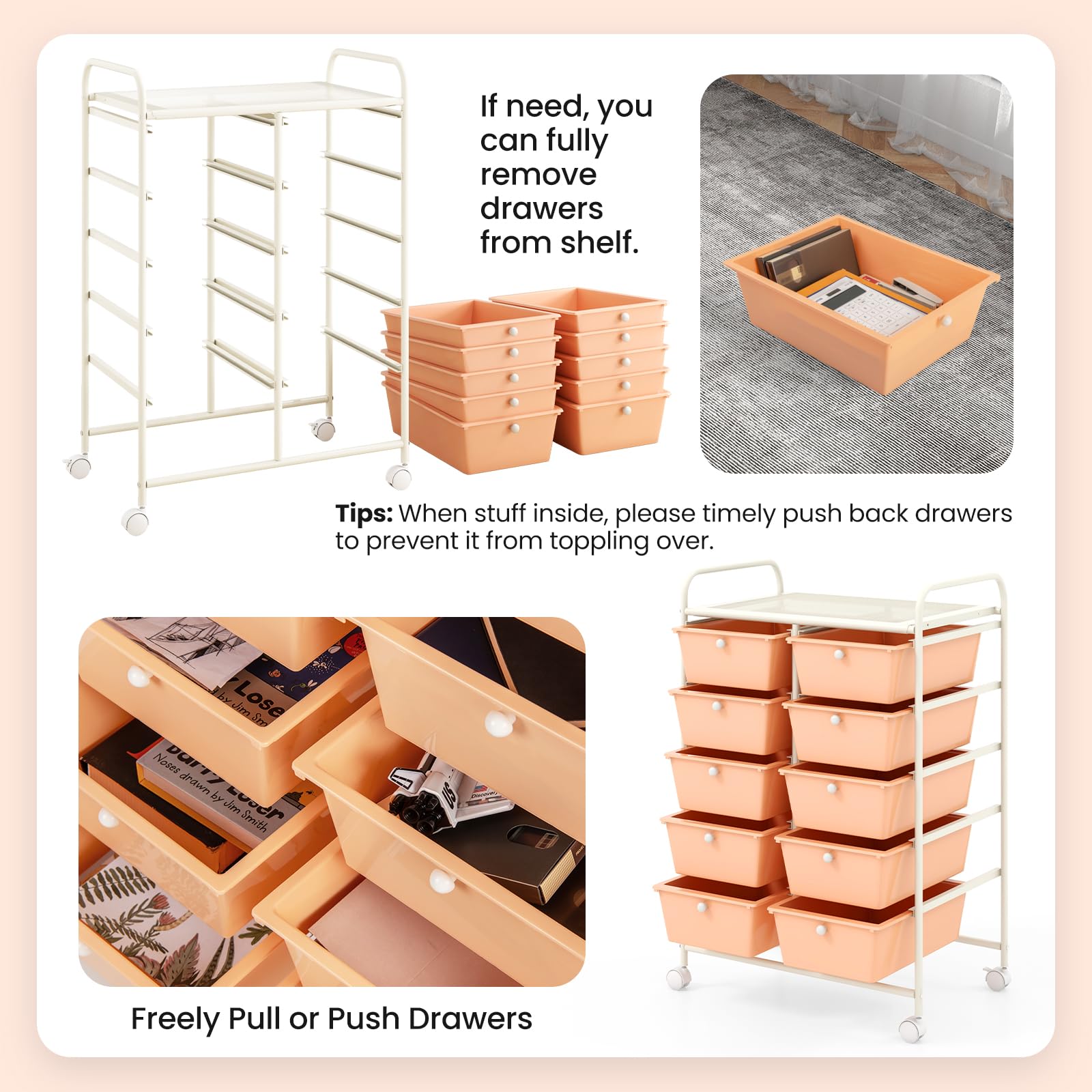 GIANTEX Chariot à roulettes empilable avec 10 tiroirs - Chariot de salle de bain avec roulettes verrouillables - Chariot de rangement pour cuisine, salle de bain, bureau - 65,5 x 37 x 87 cm - Orange