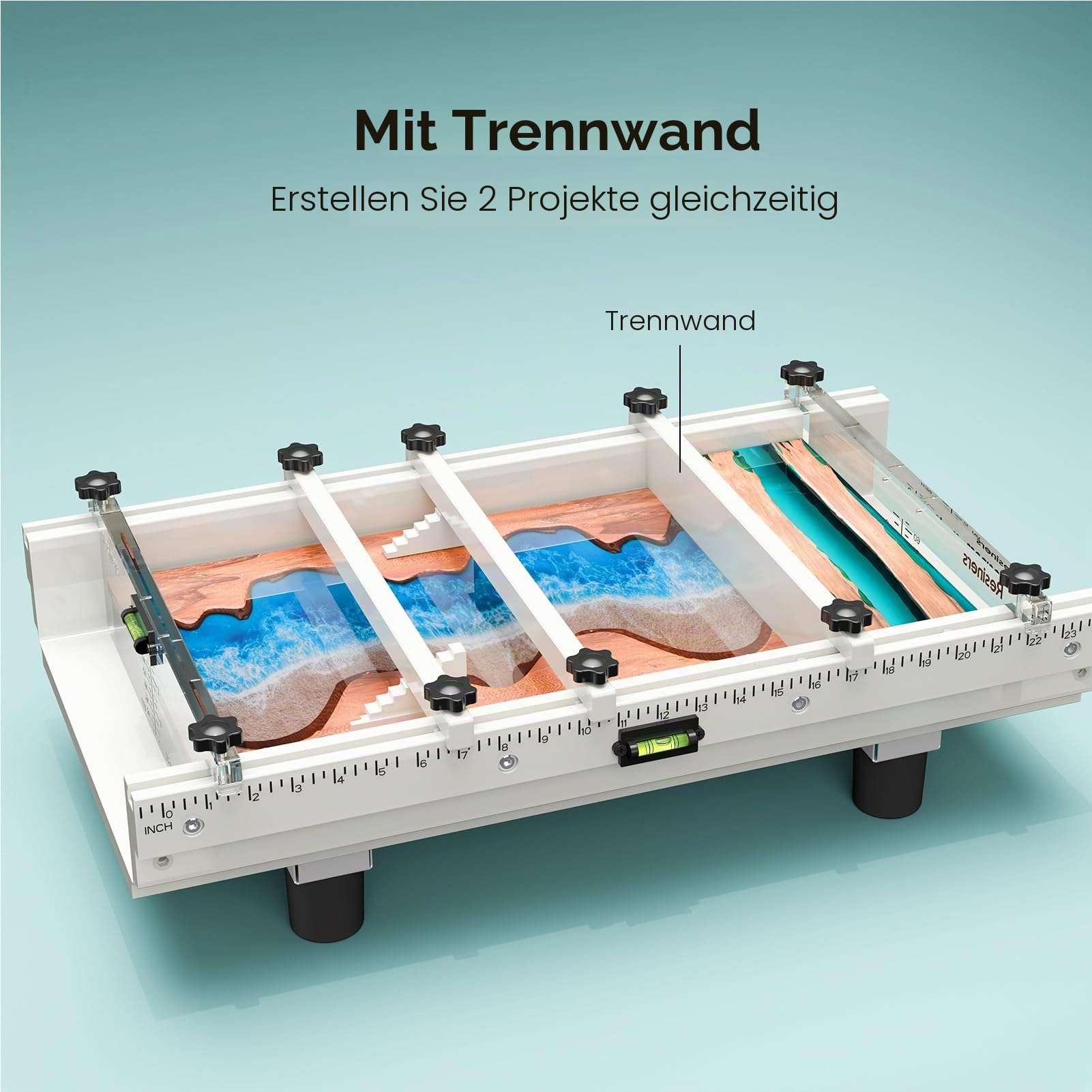 Resiners Epoxidharz-Form mit verstellbarer Trennwand, 61 x 30,5 x 7,6 cm, mit Wasserwaage, Füllklemmsystem und transparenter Tiefenplatte, ideal