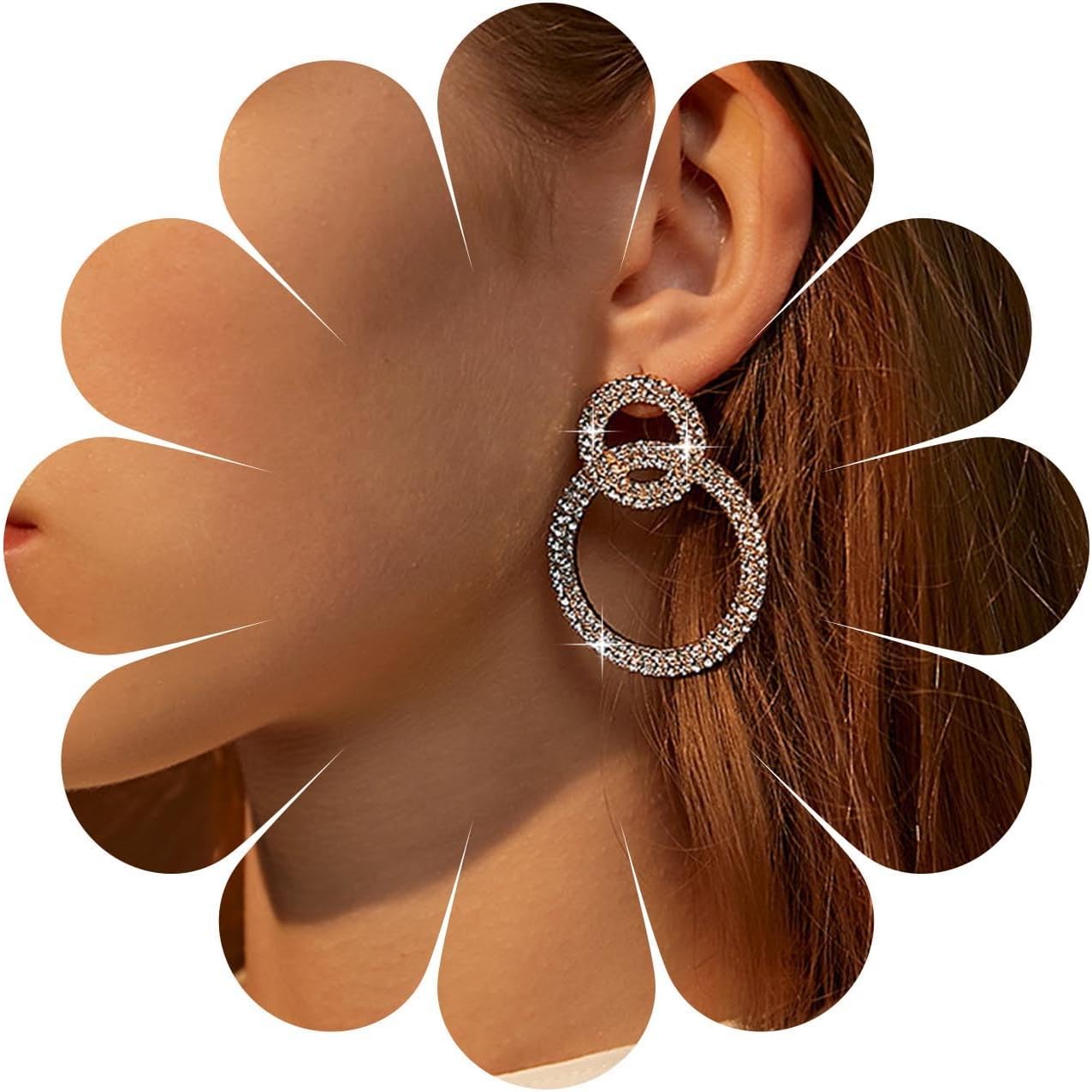 Andelaisi Boho Rhinestone Circle Drop Earrings Gold Crystal Circle Dangle Earrings Large Double Circle Hoop Earrings Bling Cz Circle Studs Earrings Jewelry for Women