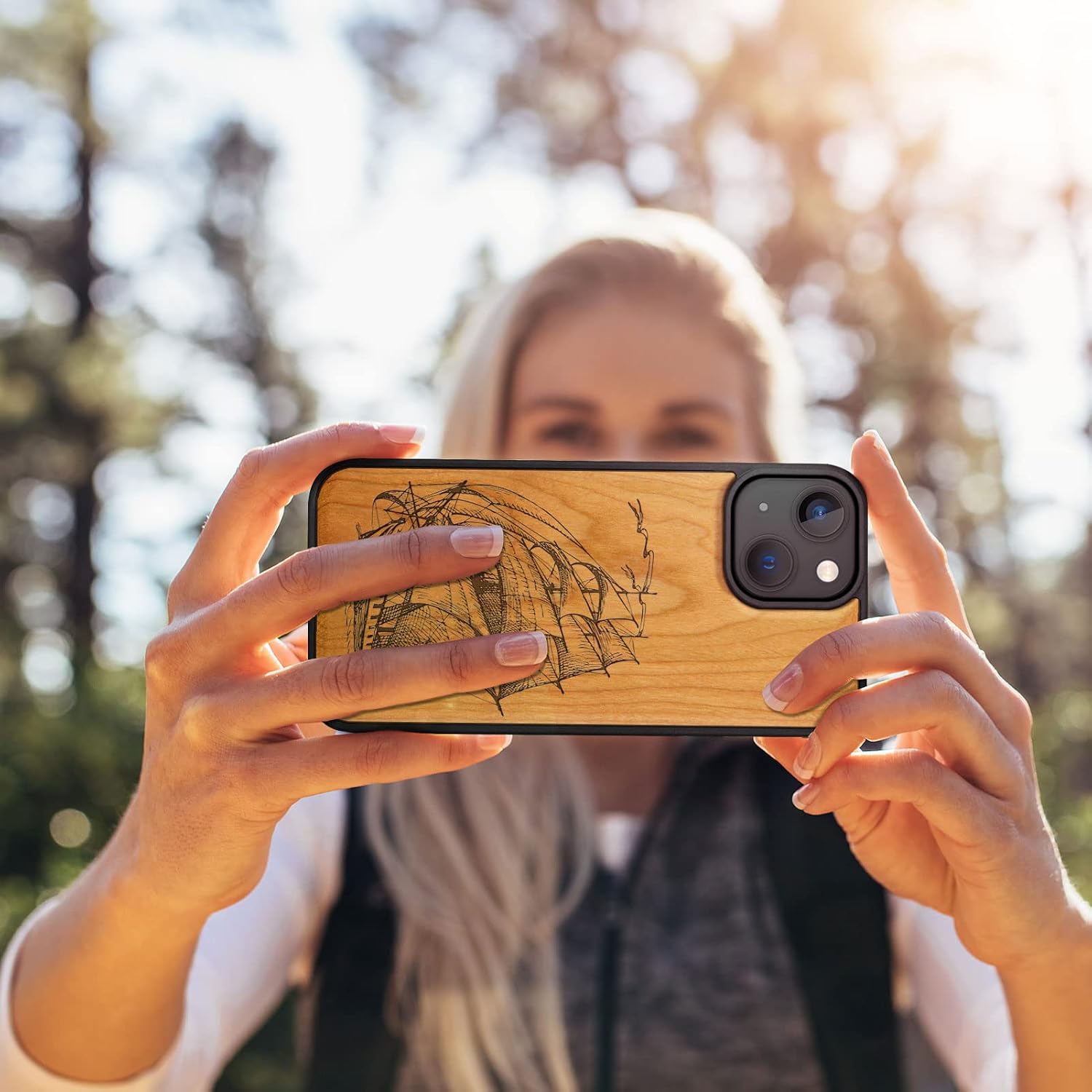 Carveit Magnetic Wood Case for iPhone 14 Case [Natural Wood & Black Soft TPU] Unique & Classy Wooden Shockproof Protective Cover Compatible with magsafe (Pirate Ship -Cherry)