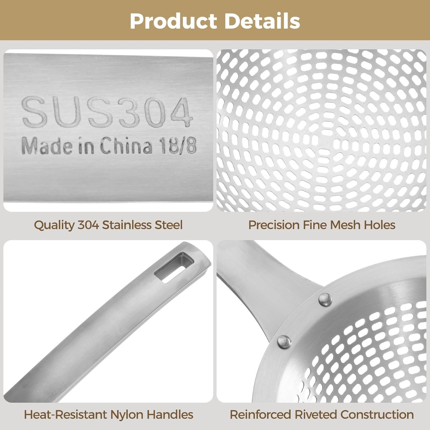 5.51 in Skimmer Ladle, 2-Piece Stainless Steel Set, Long Handle Strainer