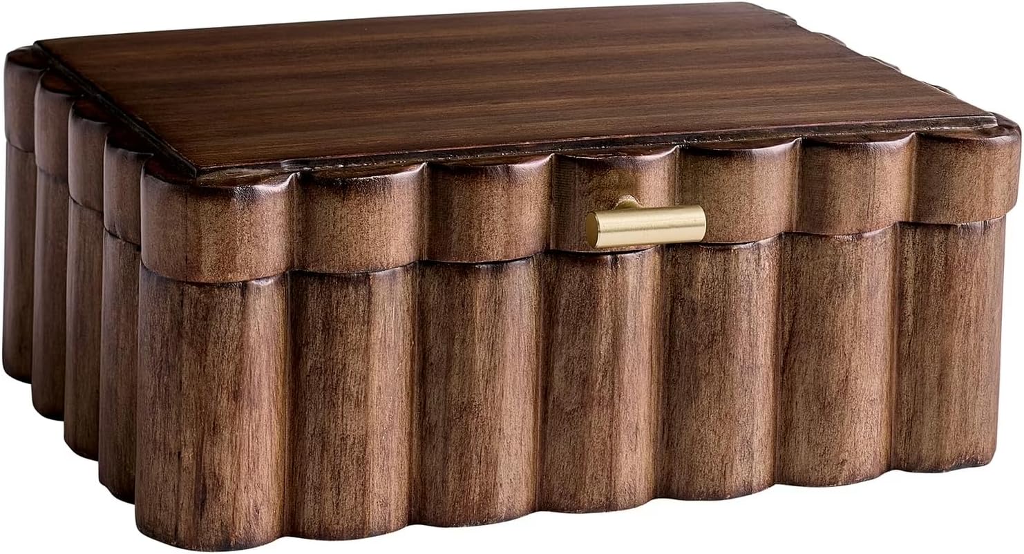 GUTGNK Scalloped Wooden Jewelry Box with Lid, Natural Wood 10.00"×7.25"×3.88" Decorative Trinket Storage Organizer for Vanity, Bedroom Dresser & Home Décor