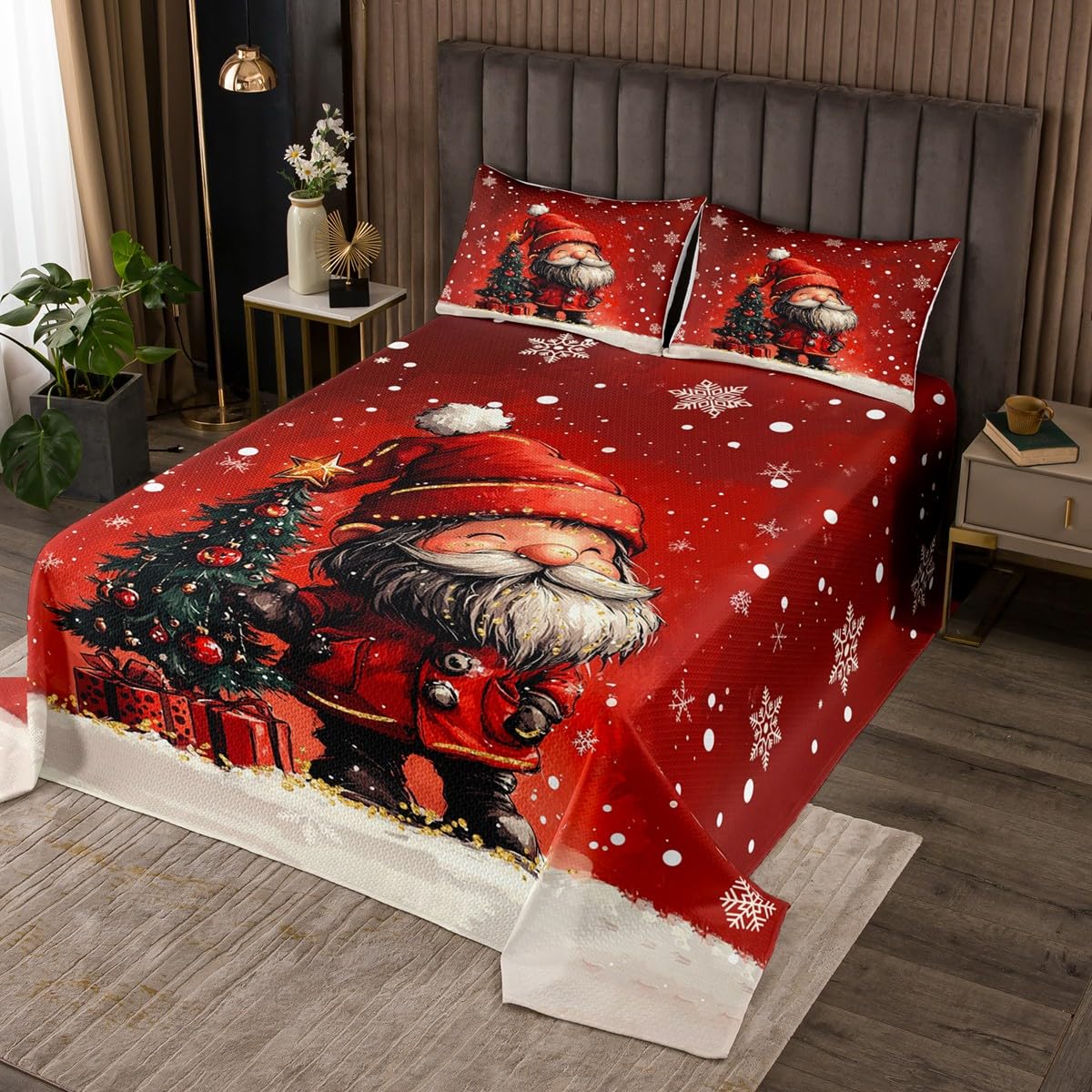 Juego de colcha roja de Navidad, diseño de gnomo kawaii, decoración de Navidad, tamaño King, bonito juego de colcha de árbol de Navidad, divertido juego de ropa de cama de 3 piezas