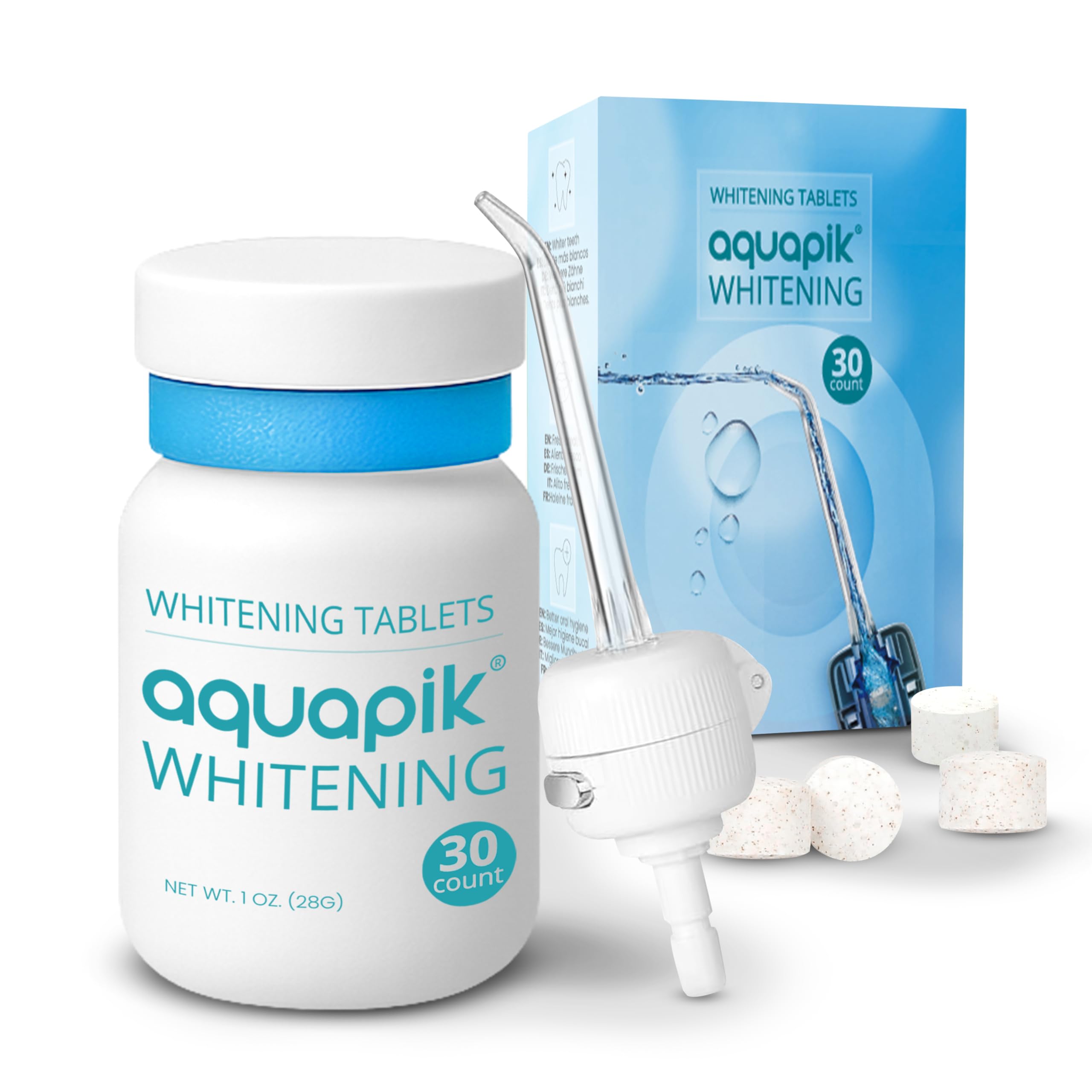 Kit Sbiancante Aquapik® WHITENING | 30 Compresse Sbiancanti + Beccuccio per Idropulsore Dentale | Compatibile con Aquapik 100, Advanced e Pro | Denti Più Bianchi | Alito Fresco