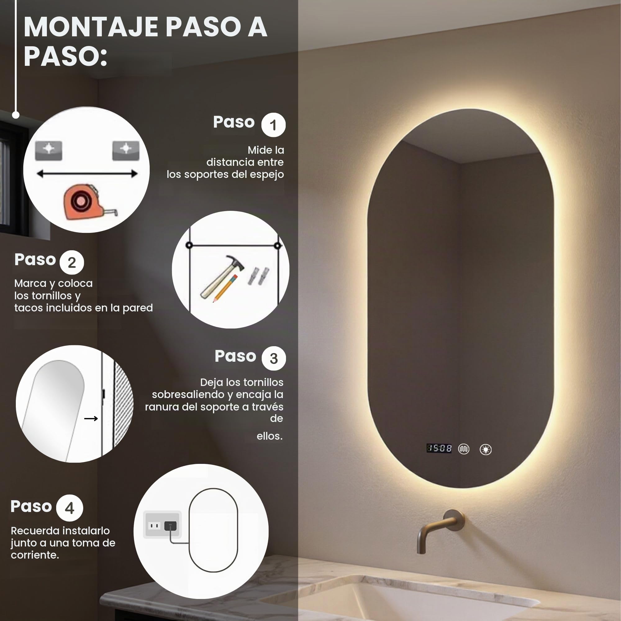 MAGIC SELECT Espejo de Baño con Luz Ovalado de Pared 60x90cm | Con Enchufe, 3 Tonos de Color, Ajuste de Brillo y Antivaho, Indicador de Hora y Temperatura, Vertical