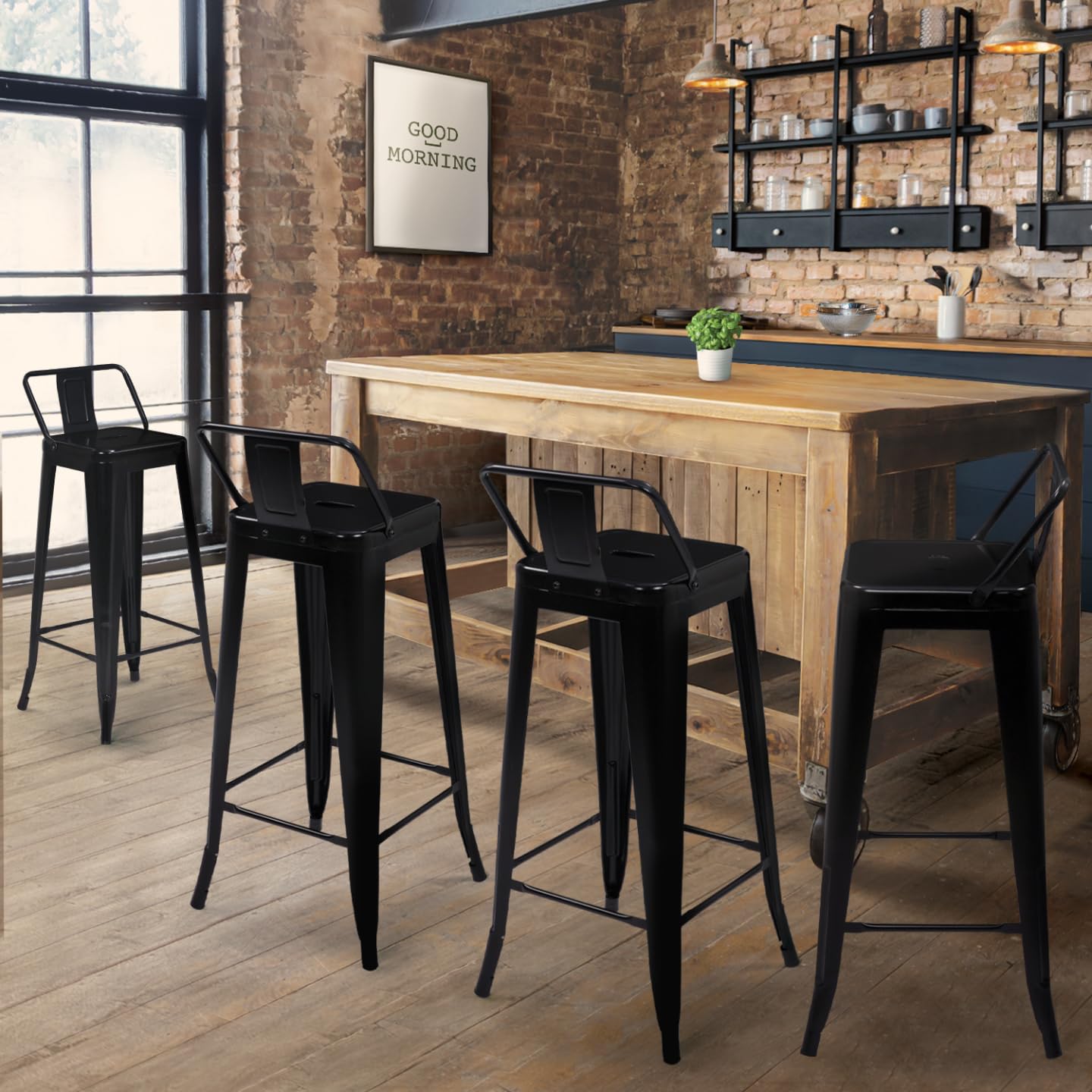 IDMarket - Set di 4 sgabelli da bar LENY in metallo nero opaco impilabili con schienale