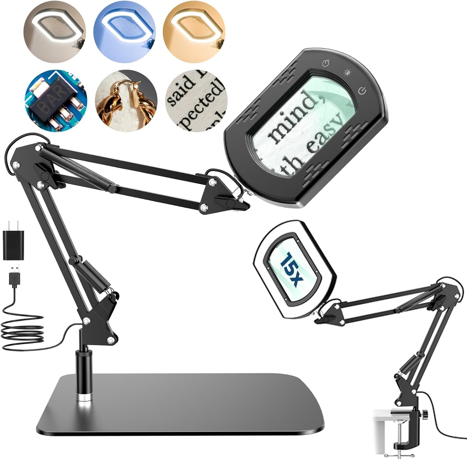 Magnifying Glass with Light and Stand, 15X Dual Mount Magnifier with 5 Color Modes, Dimmable LED, Flexible Swing Arm, USB Powered Optical Glass Lens for Crafts, Reading & Precision Work