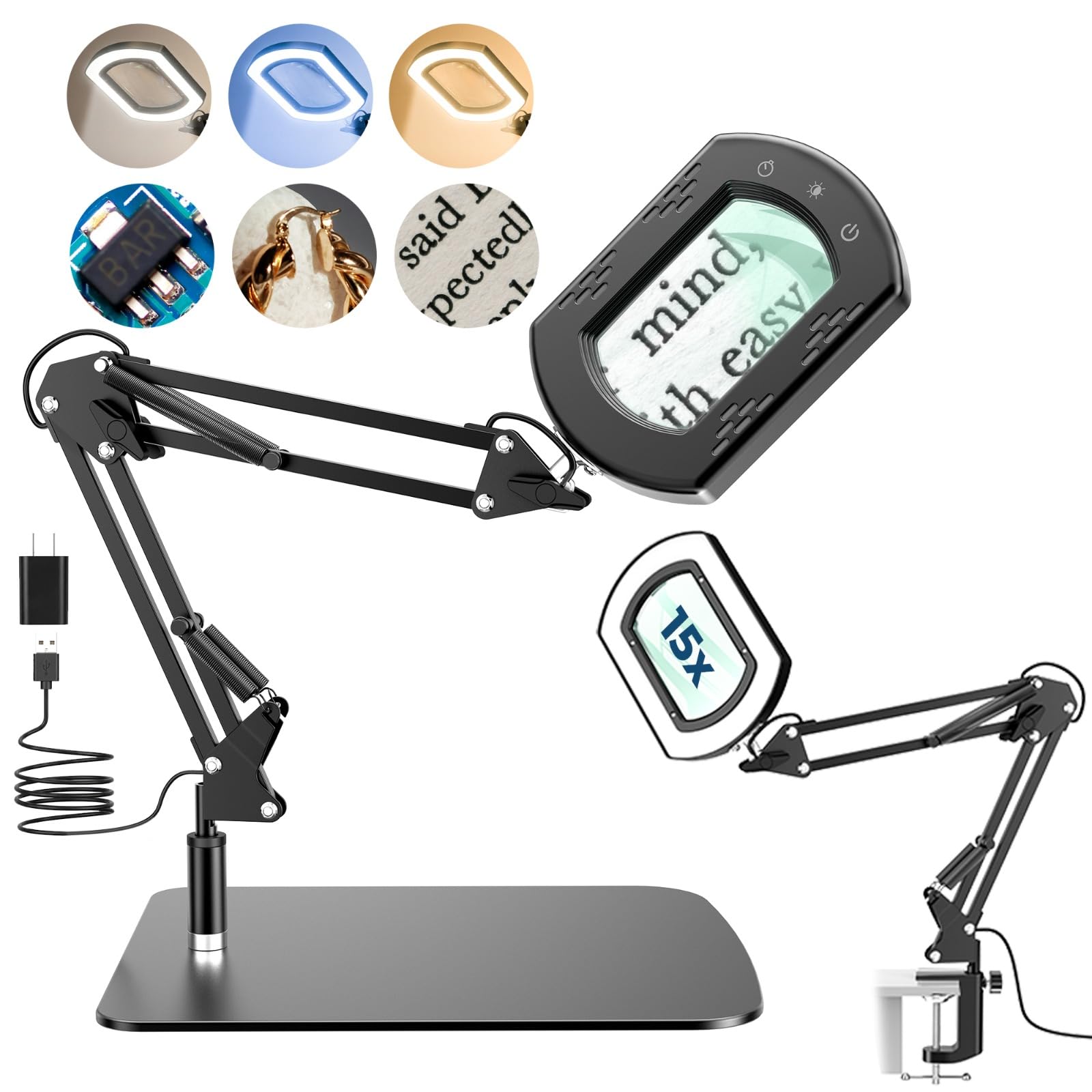 Lupe mit Licht und Ständer, 15-fache Vergrößerung mit zwei Halterungen, 5 Farbmodi, dimmbare LED, flexibler Schwenkarm, USB-betriebene optische Glaslinse für Handwerk, Lesen und Präzisionsarbeiten