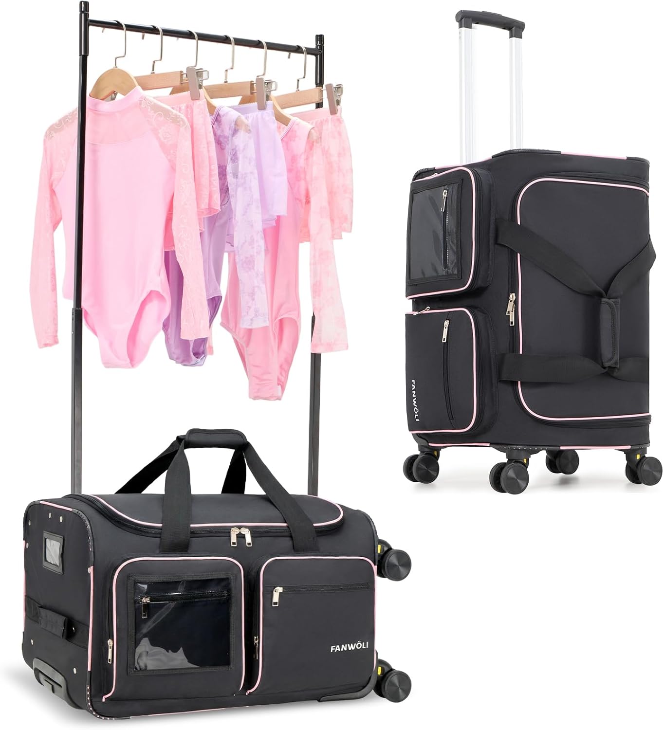 Fanwoli 23" Dance Bag with Garment Rack 4 Wheels | Detachable 360° Wheels | Ultra-Light Collection | Ideal Competition Duffle Bag for Dream, Black with Pink Trim