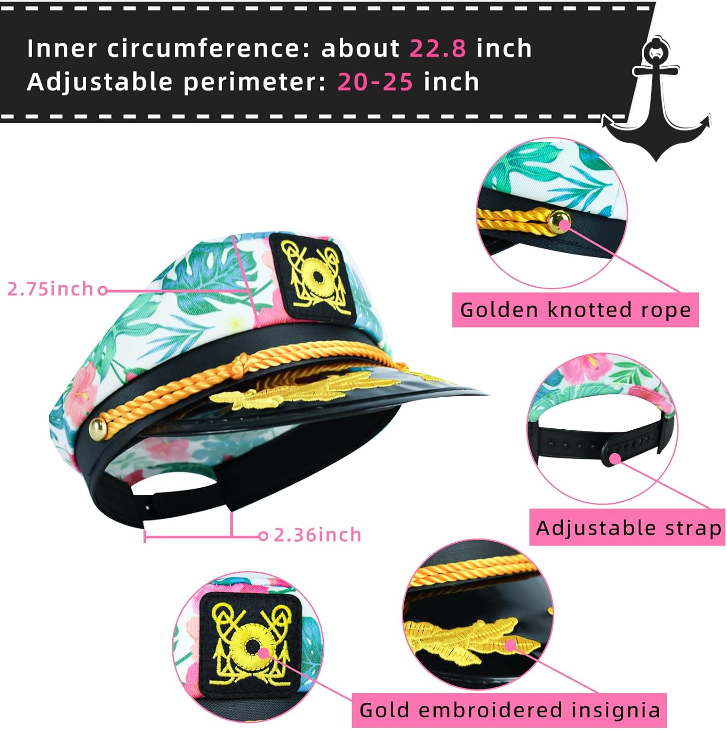 dodowin Captain Hat for Men Women Adjustable Sailor Hats Boat Cruise Yacht Rock Party Costume Beach Essential Hawaiian Outfit - Image 2