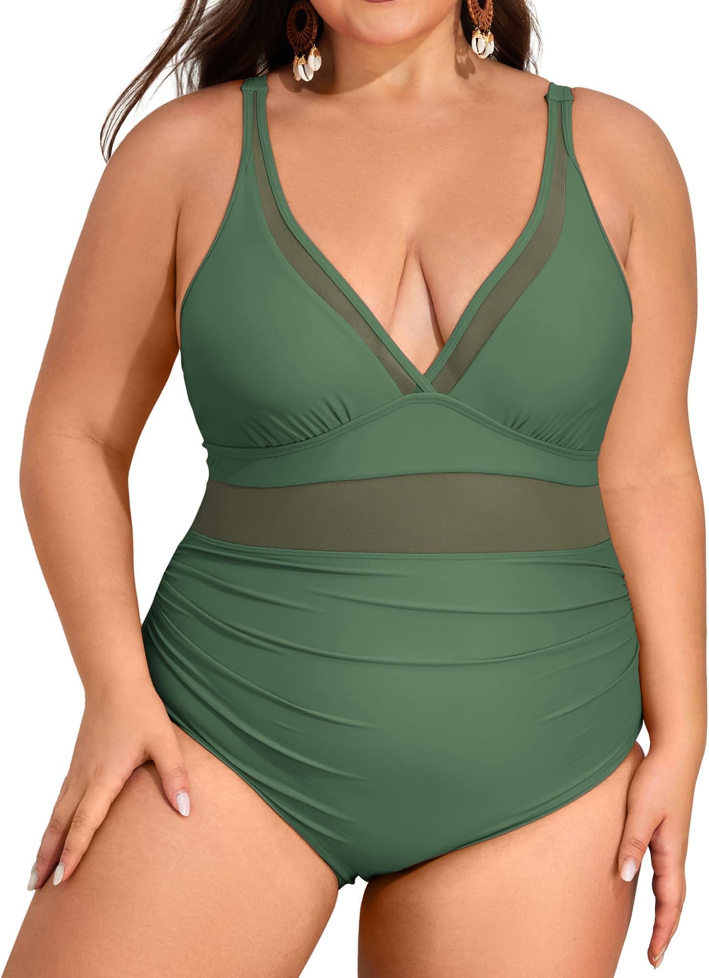 Hanna NikoleWomen One Piece Swimsuit Plus Size Push Up High Waist Ruched Sheer Mesh Tummy Control Swimwear Monokini