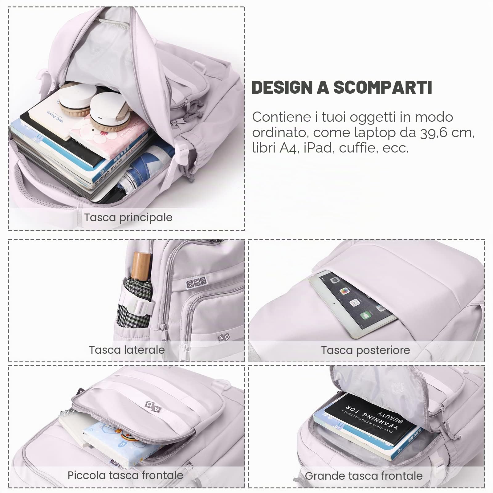 Amythe Zaino Scuola Media e Superiore Ragazza Leggero Grande, Viola | Zaino Multi-tasche Adolescenti Zainetto Casual Moda Idrorepellente per Laptop da 15.6 pollici, Ritorno a Scuola / Viaggio