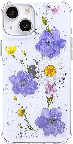Miniatura 1 de Abbery Funda diseñada para iPhone 13 Mini con diseño de flores prensadas, bonita funda con purpurina brillante transparente con diseño de silicona