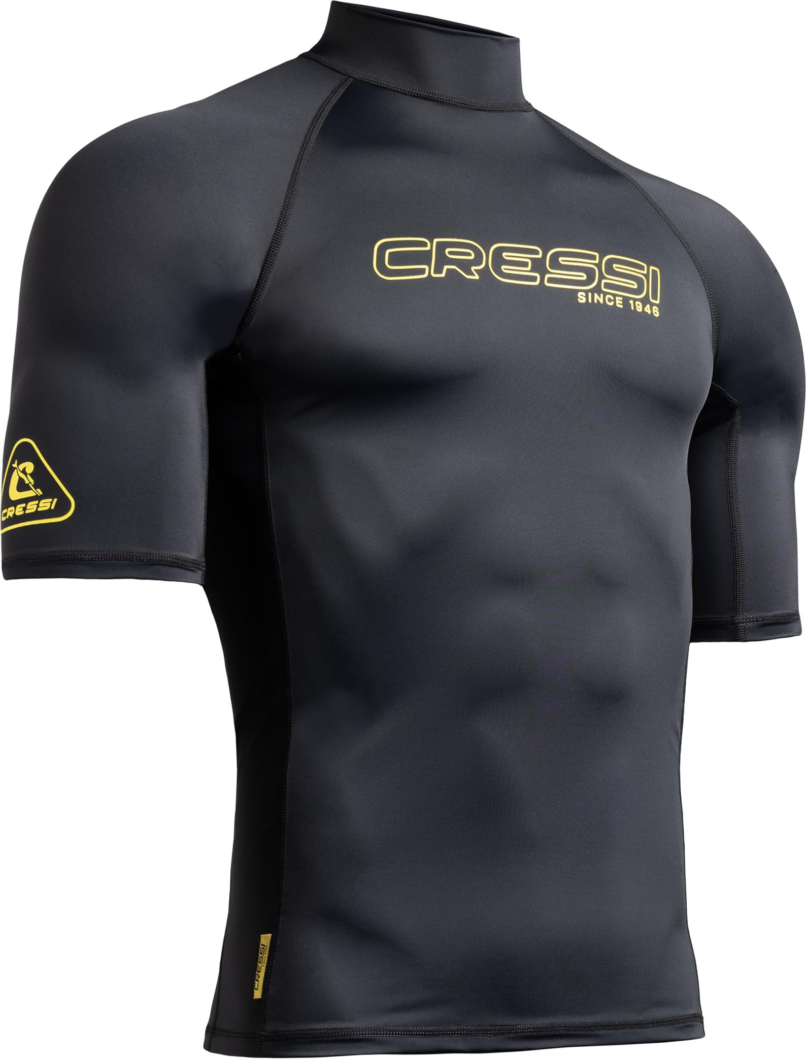 CRESSI since 1946 - Sentinel Man - Short Sleeve Rash Guard UPF 50+ Sun Protection Quick Dry Swimming, Surfing, Diving, Fishing, Beach, Pool and Water Sports - Black/Yellow - S/2 - Men's
