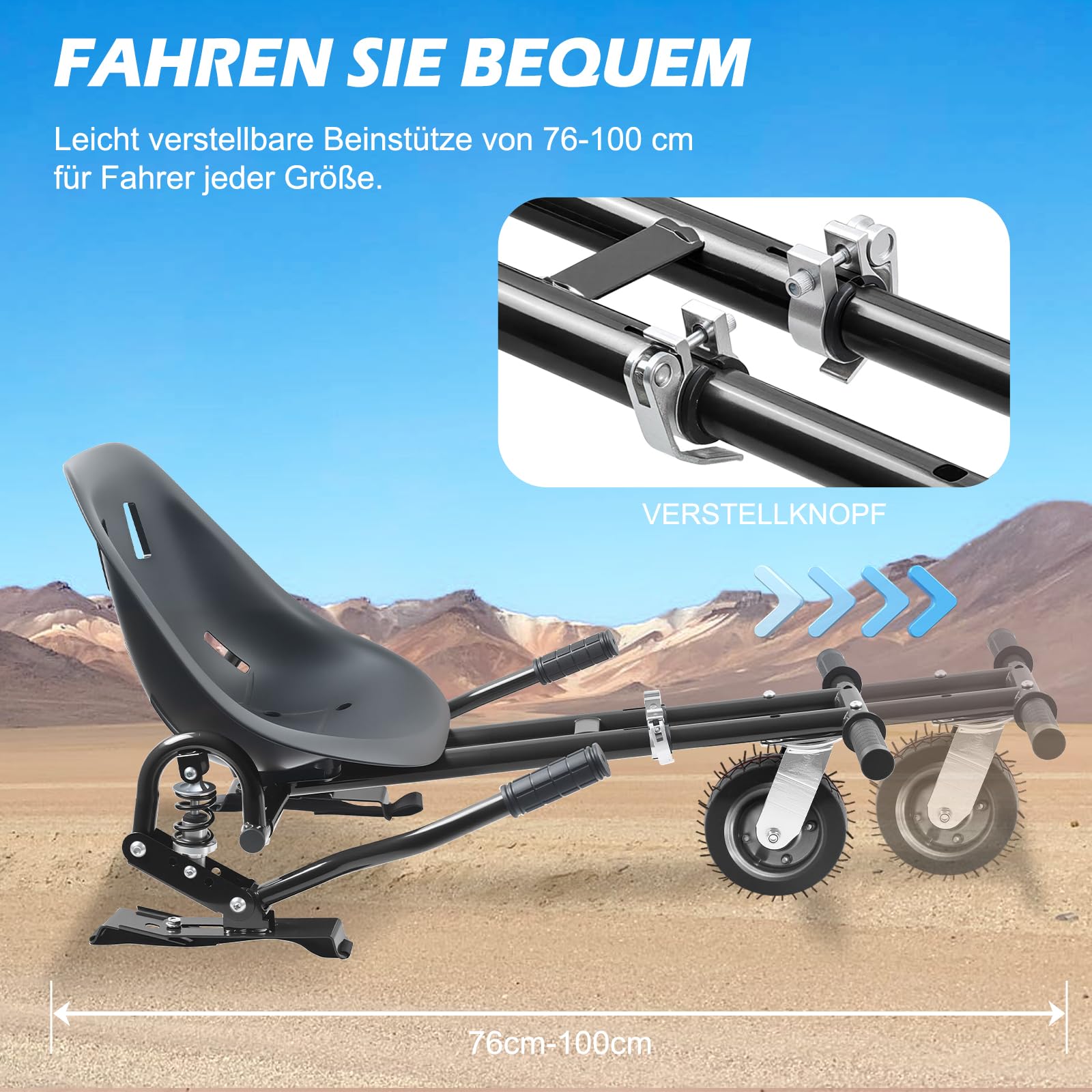 Siège d'hoverkart universel de 6,5 à 10" avec suspension innovante, amortisseurs de chocs, pneus avant remplis d'air (roues rouges à pneus)