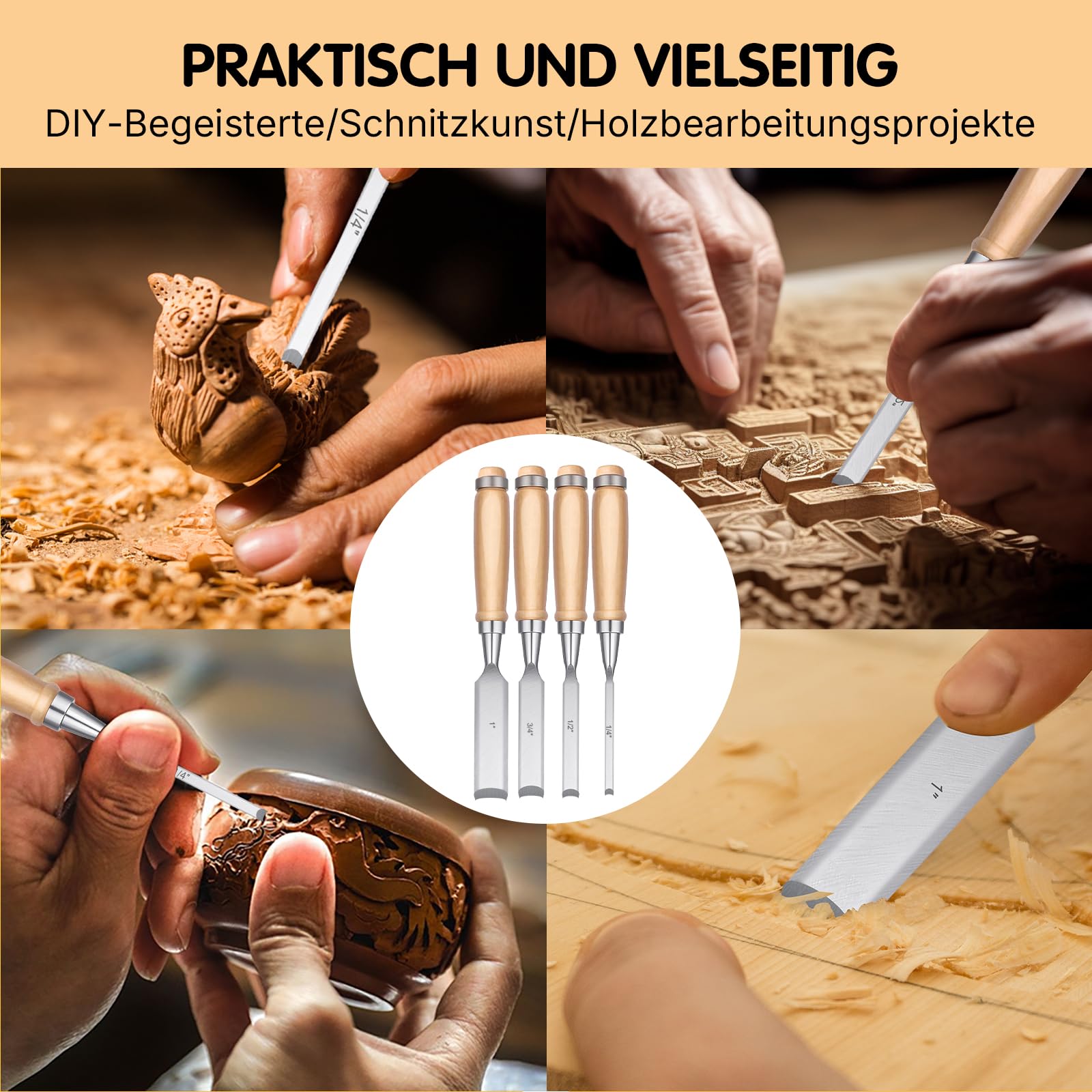 4 Stück Stechbeitel Set für Holz, CR-V Stahl Halbkreisförmige Kante Hohlbeitel Set 6mm/12mm/18mm/25mm für Anfänger und Profis, DIY Holzmeißel Bildhauerei Tool für Tischler, Carver