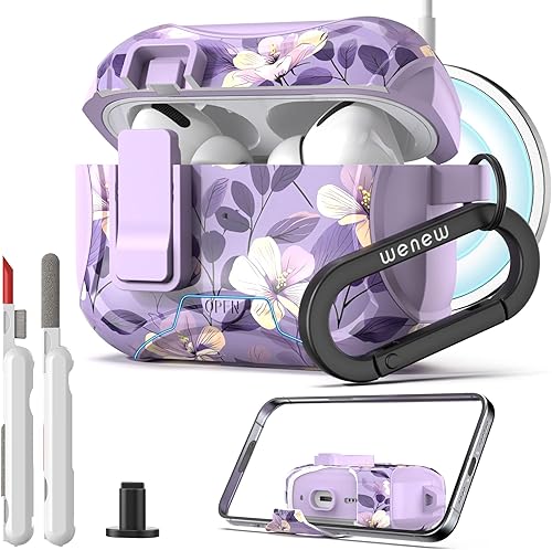 Wenew Funda para AirPods Pro y Pro 2 con cerradura, soporte para teléfono, herramienta de limpieza, clip, carcasa dura de cuerpo completo para