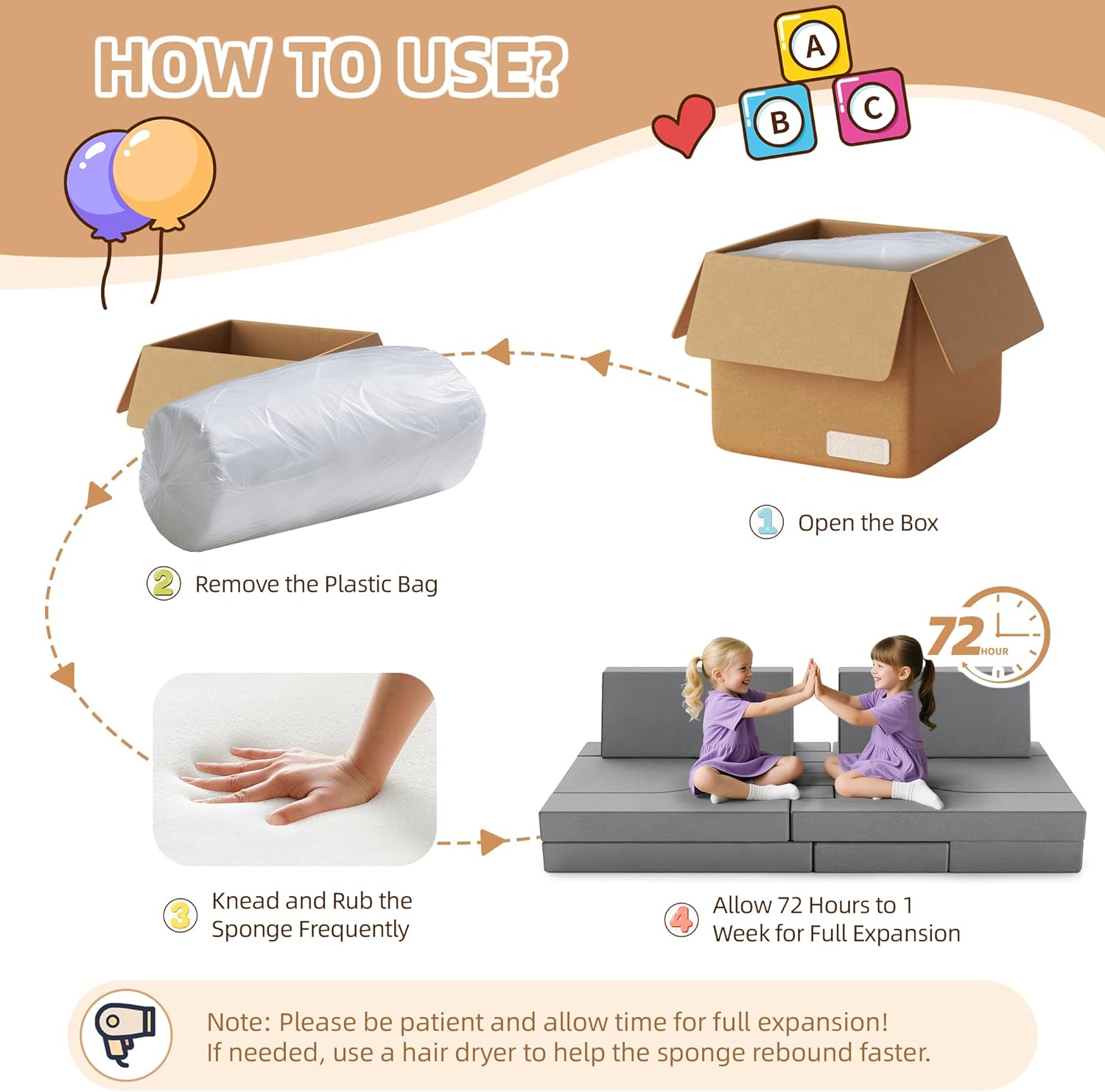 TOLEAD 66 Inch Extra Large Modular Kids Play Couch, Convertible Kids Couch Building Fort for Playroom Bedroom, Toddler Sectional Foam Sofa Cushion Fort for Boys and Girls (Light Grey)