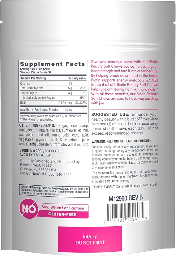 NeoCell Biotin Beauty Soft Chews | 30 Chewables | 10000mcg | Hair, Skin & Nails | Acai Berry Flavor